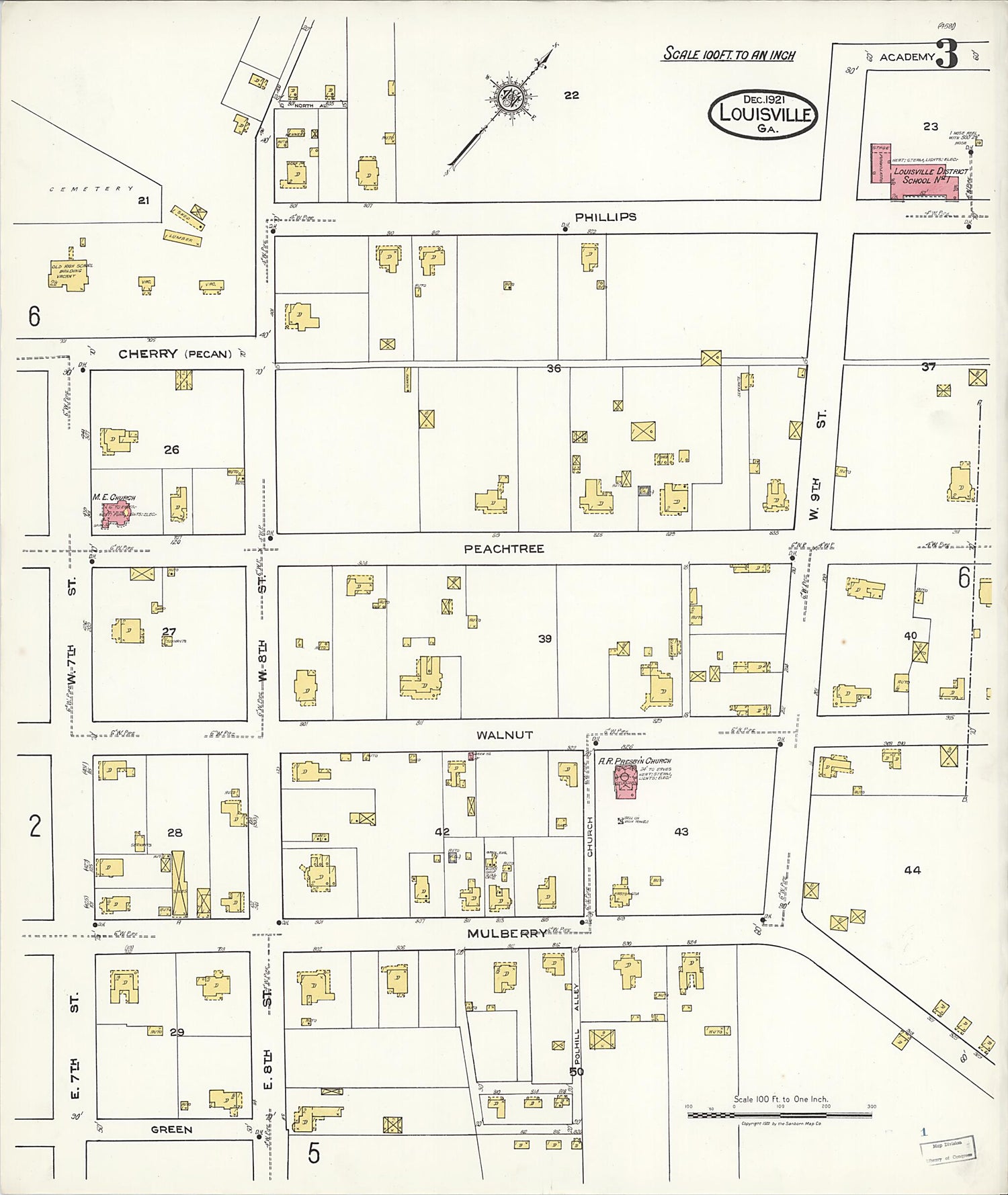 This old map of Louisville, Jefferson County, Georgia was created by Sanborn Map Company in 1921