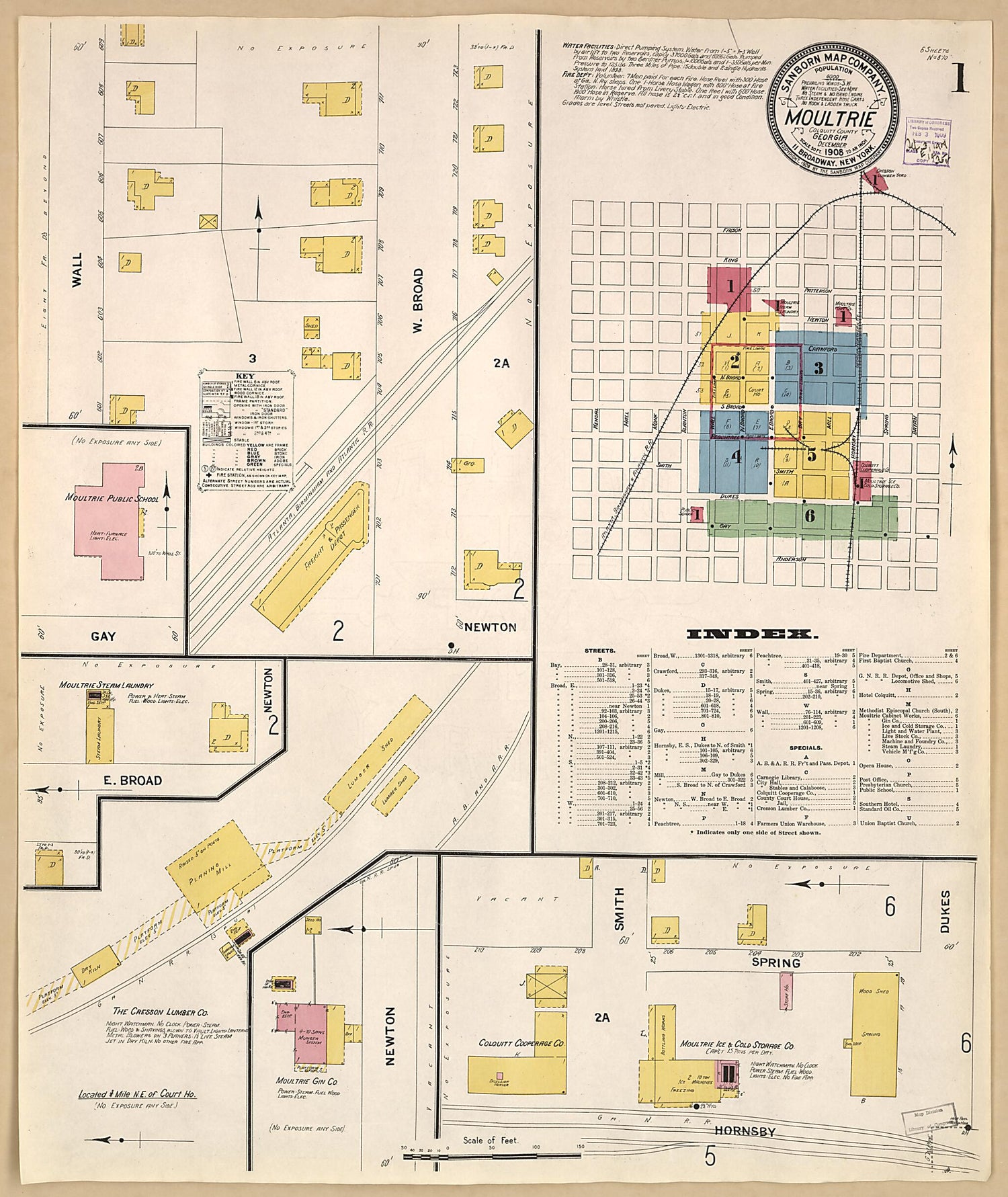 This old map of Moultrie, Colquitt County, Georgia was created by Sanborn Map Company in 1908