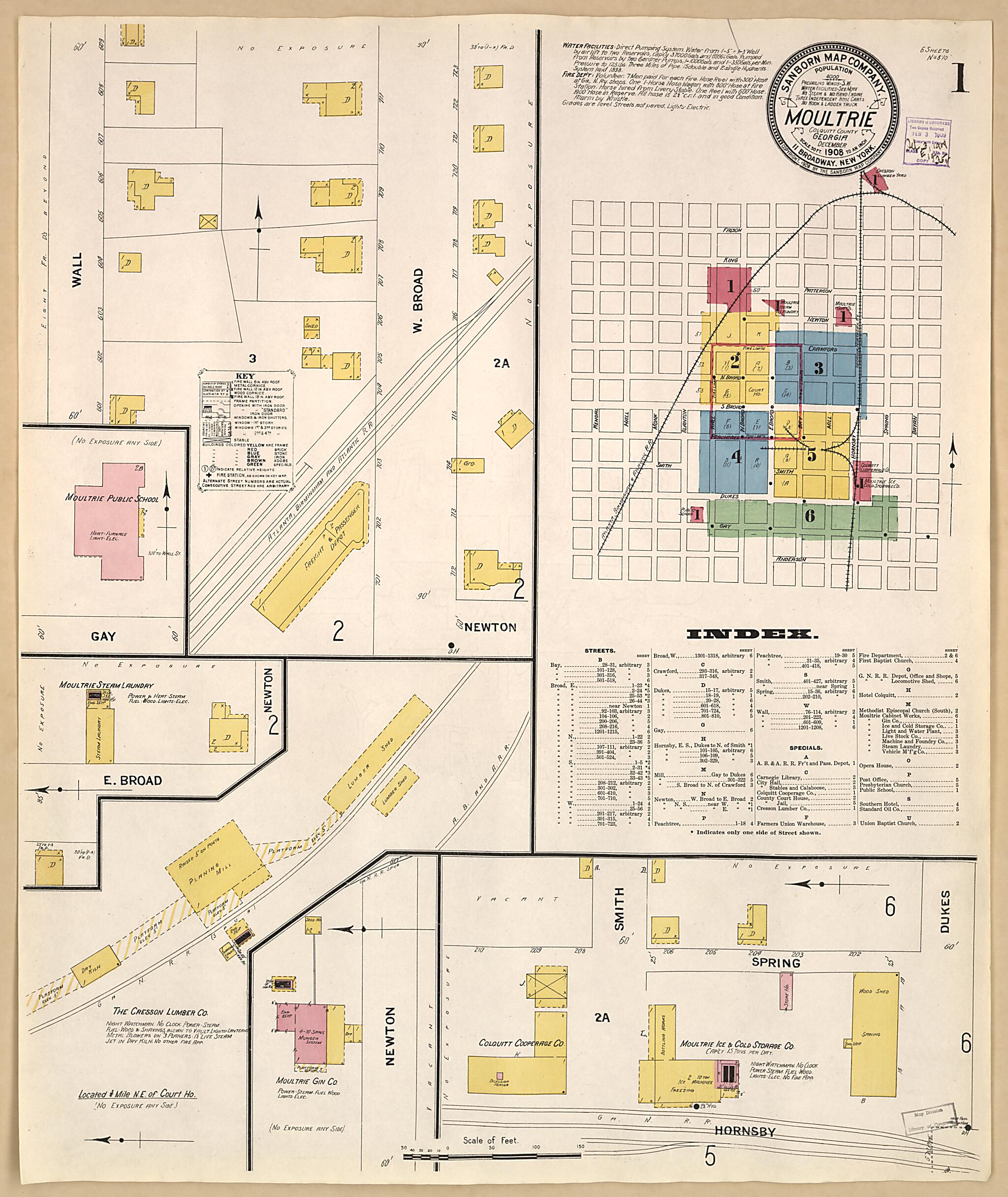 This old map of Moultrie, Colquitt County, Georgia was created by Sanborn Map Company in 1908