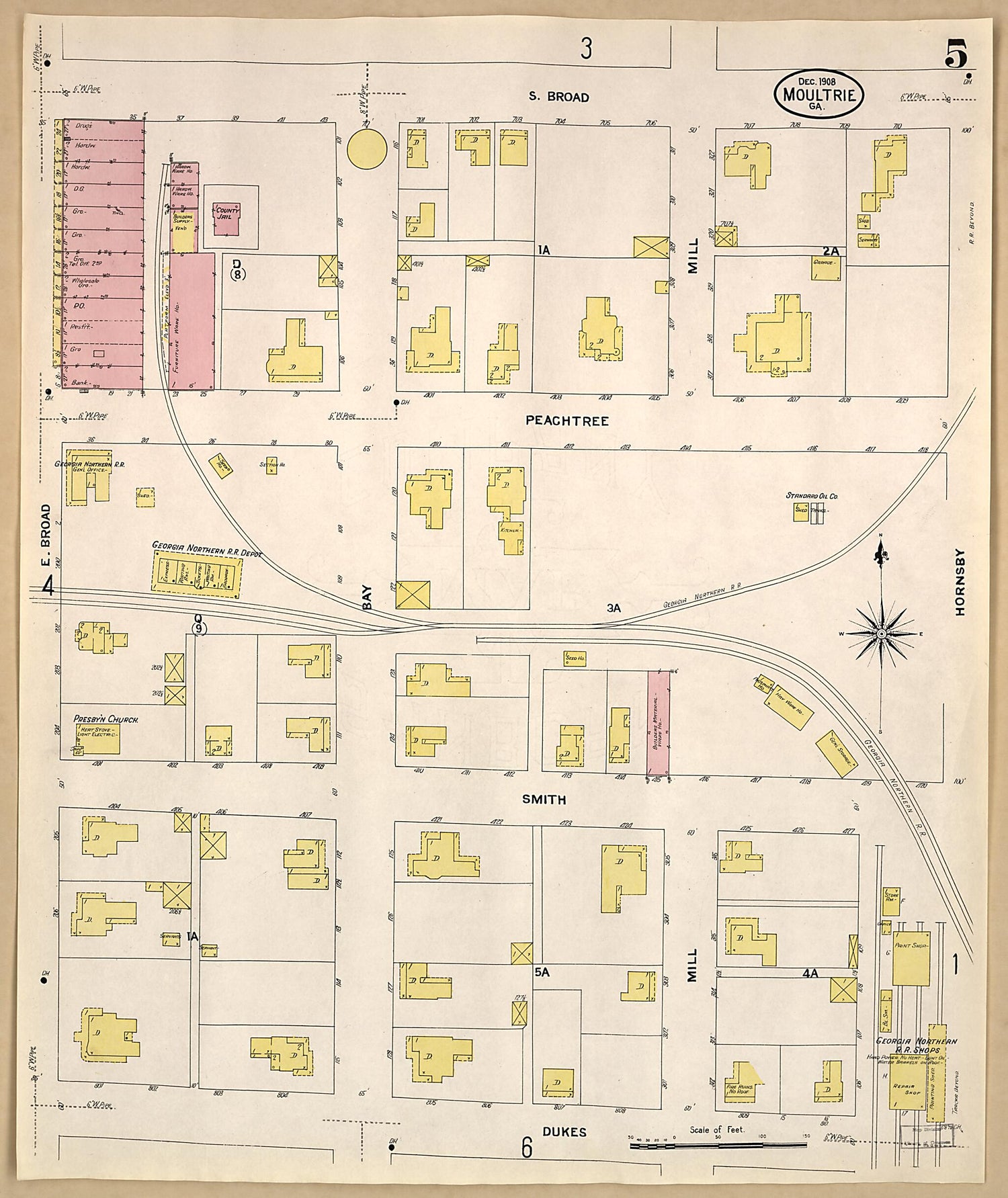 This old map of Moultrie, Colquitt County, Georgia was created by Sanborn Map Company in 1908