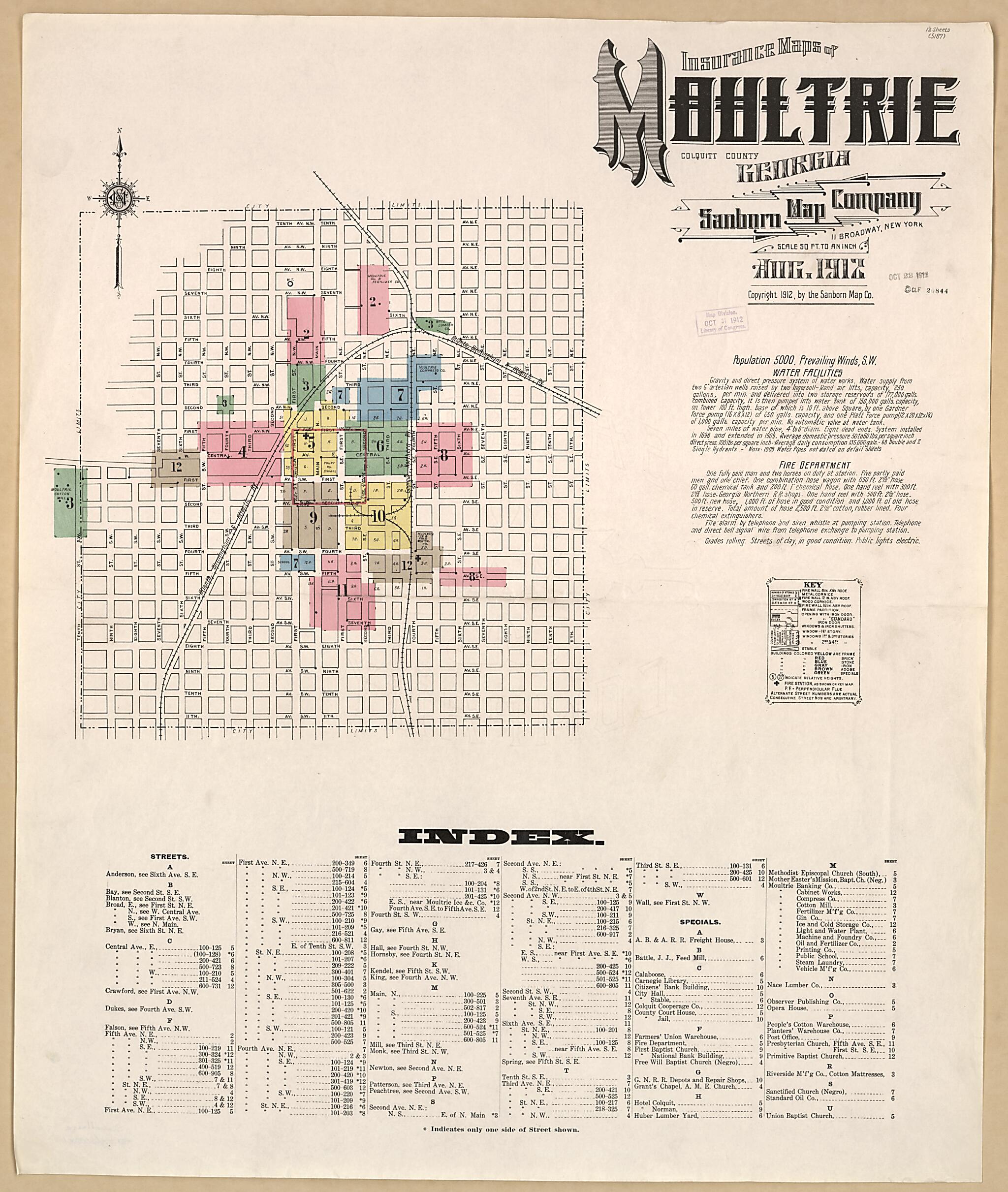 This old map of Moultrie, Colquitt County, Georgia was created by Sanborn Map Company in 1912