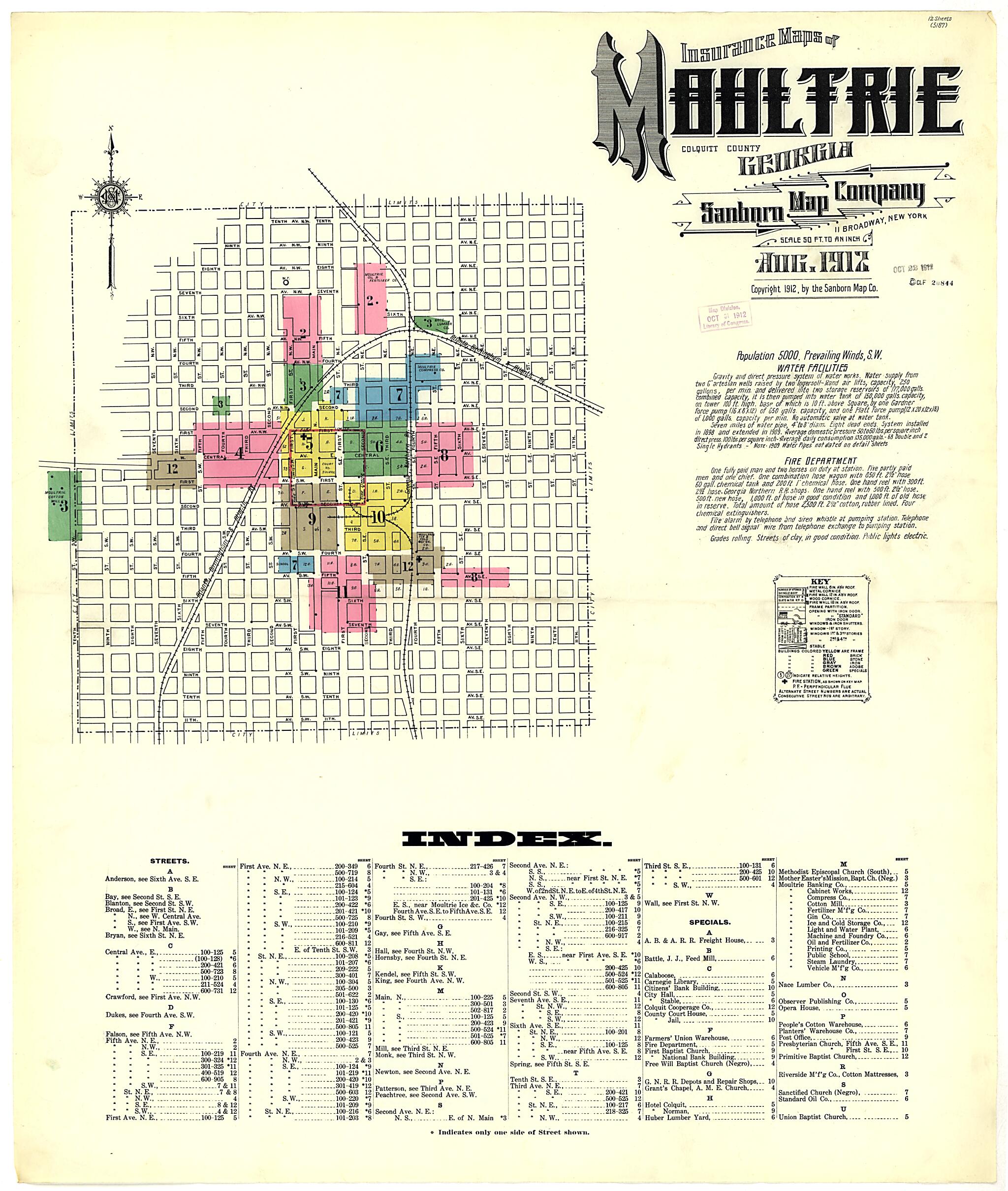 This old map of Moultrie, Colquitt County, Georgia was created by Sanborn Map Company in 1912