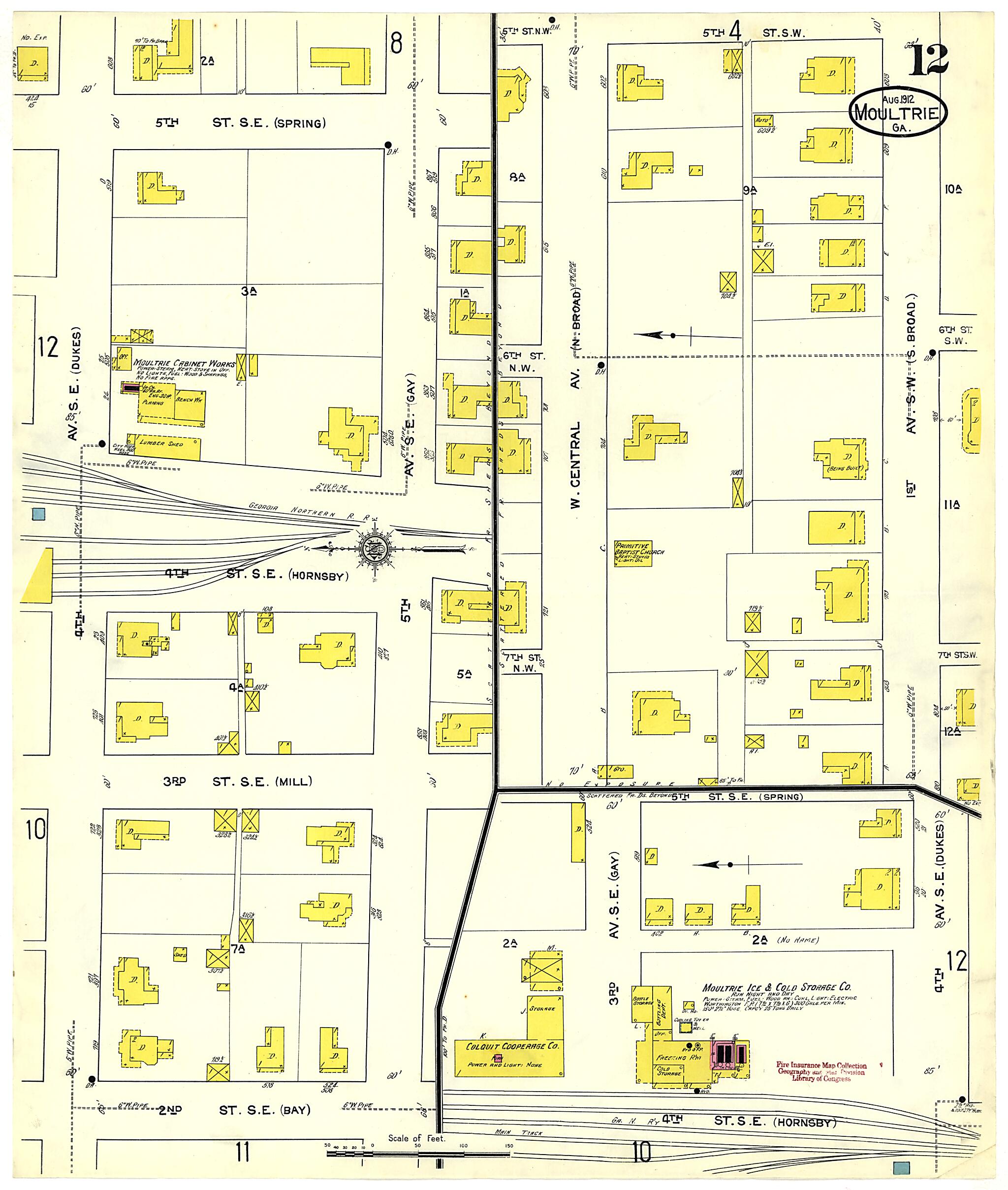 This old map of Moultrie, Colquitt County, Georgia was created by Sanborn Map Company in 1912