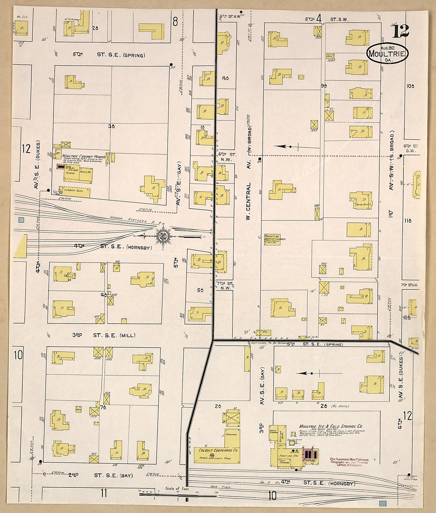 This old map of Moultrie, Colquitt County, Georgia was created by Sanborn Map Company in 1912