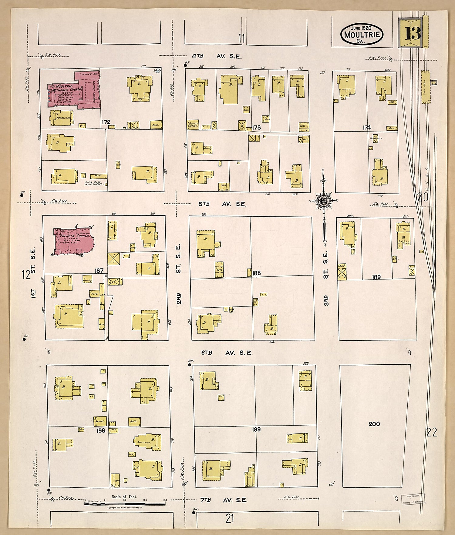 This old map of Moultrie, Colquitt County, Georgia was created by Sanborn Map Company in 1920
