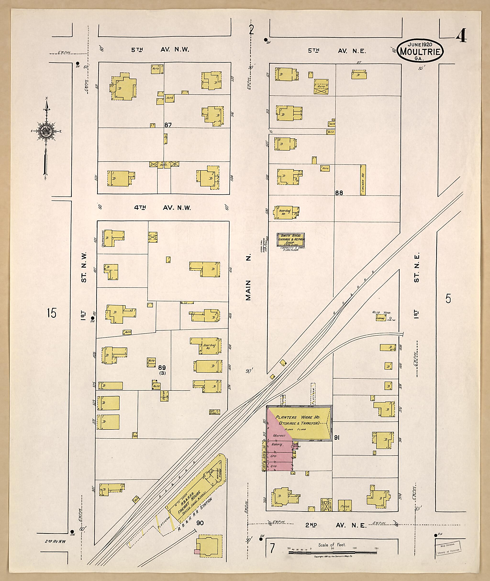 This old map of Moultrie, Colquitt County, Georgia was created by Sanborn Map Company in 1920