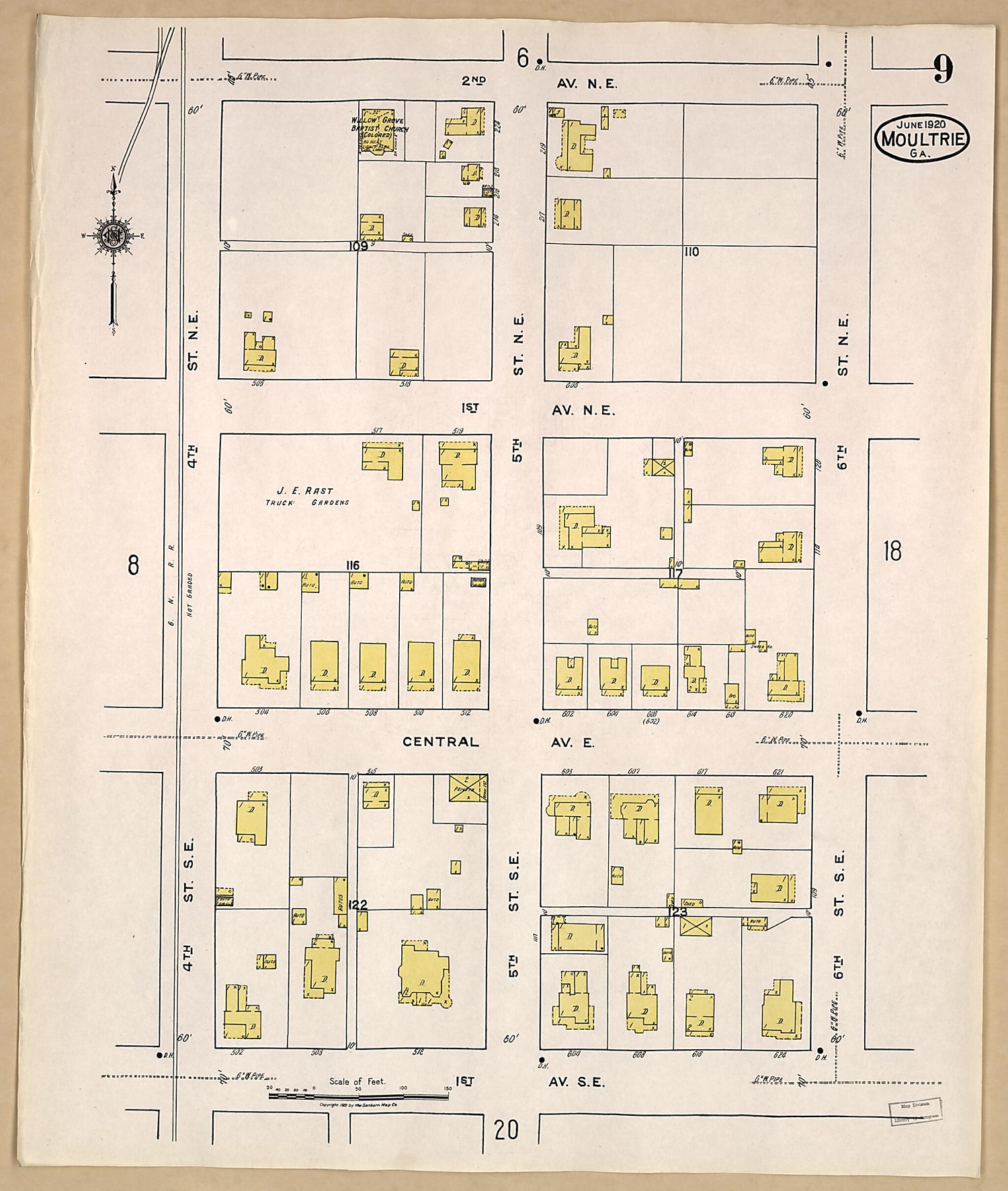 This old map of Moultrie, Colquitt County, Georgia was created by Sanborn Map Company in 1920