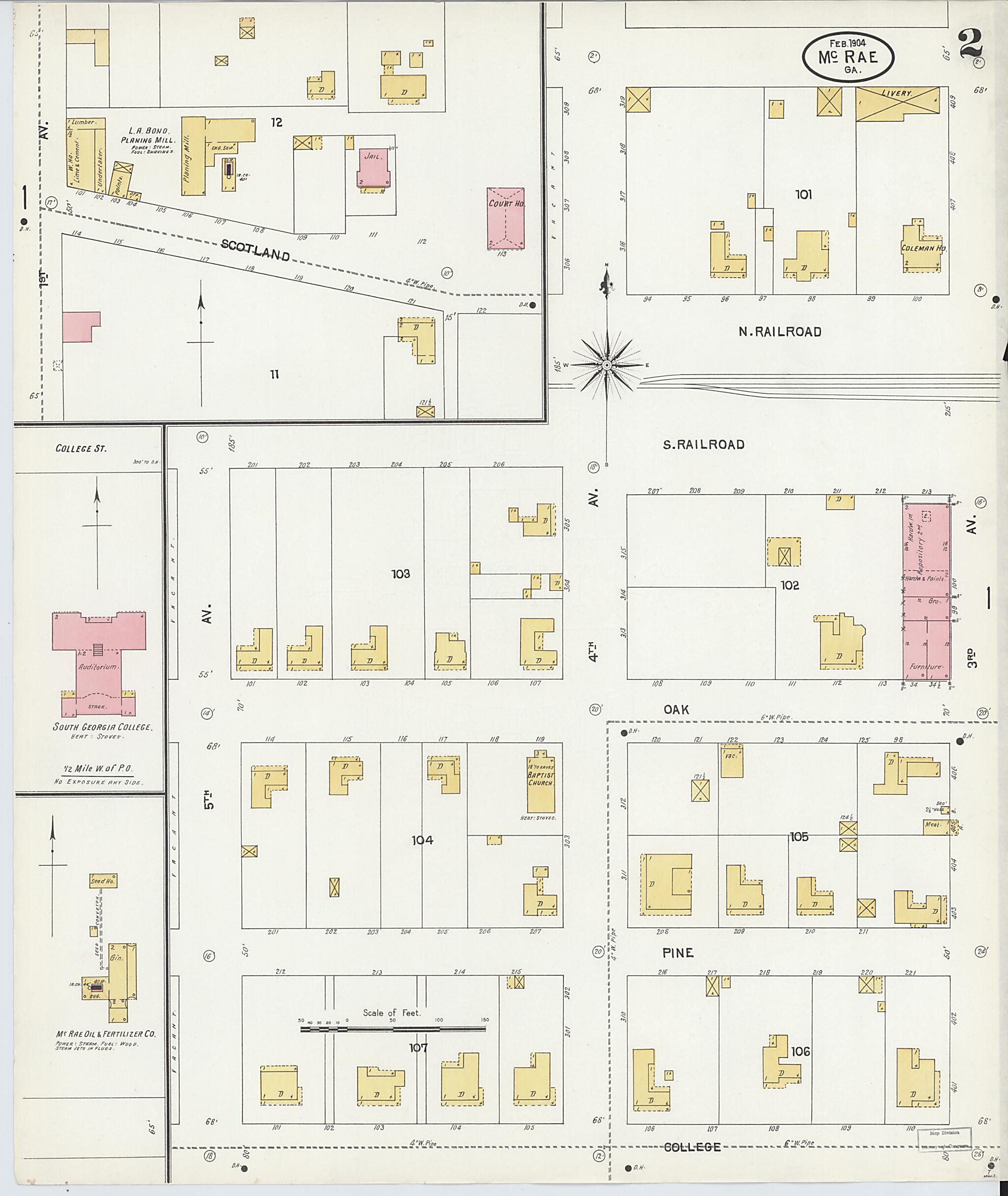 This old map of McRae, Telfair County, Georgia was created by Sanborn Map Company in 1904