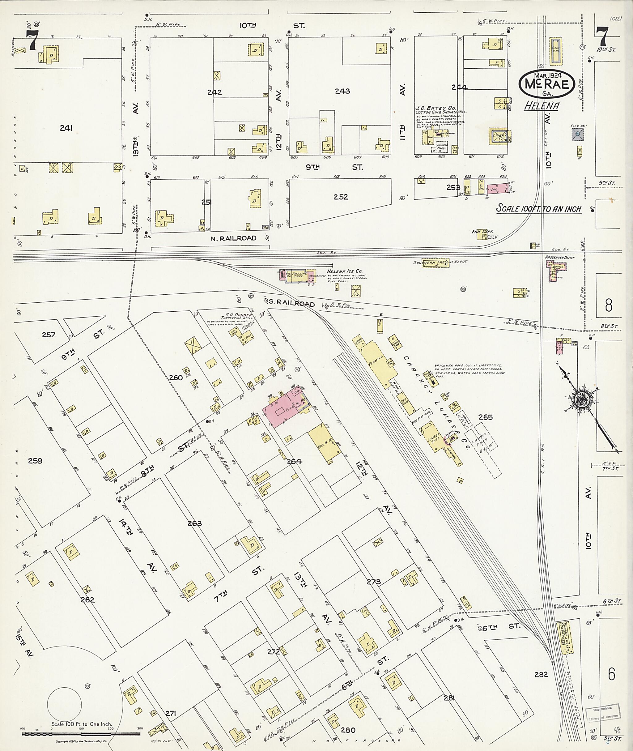 This old map of McRae, Telfair County, Georgia was created by Sanborn Map Company in 1924