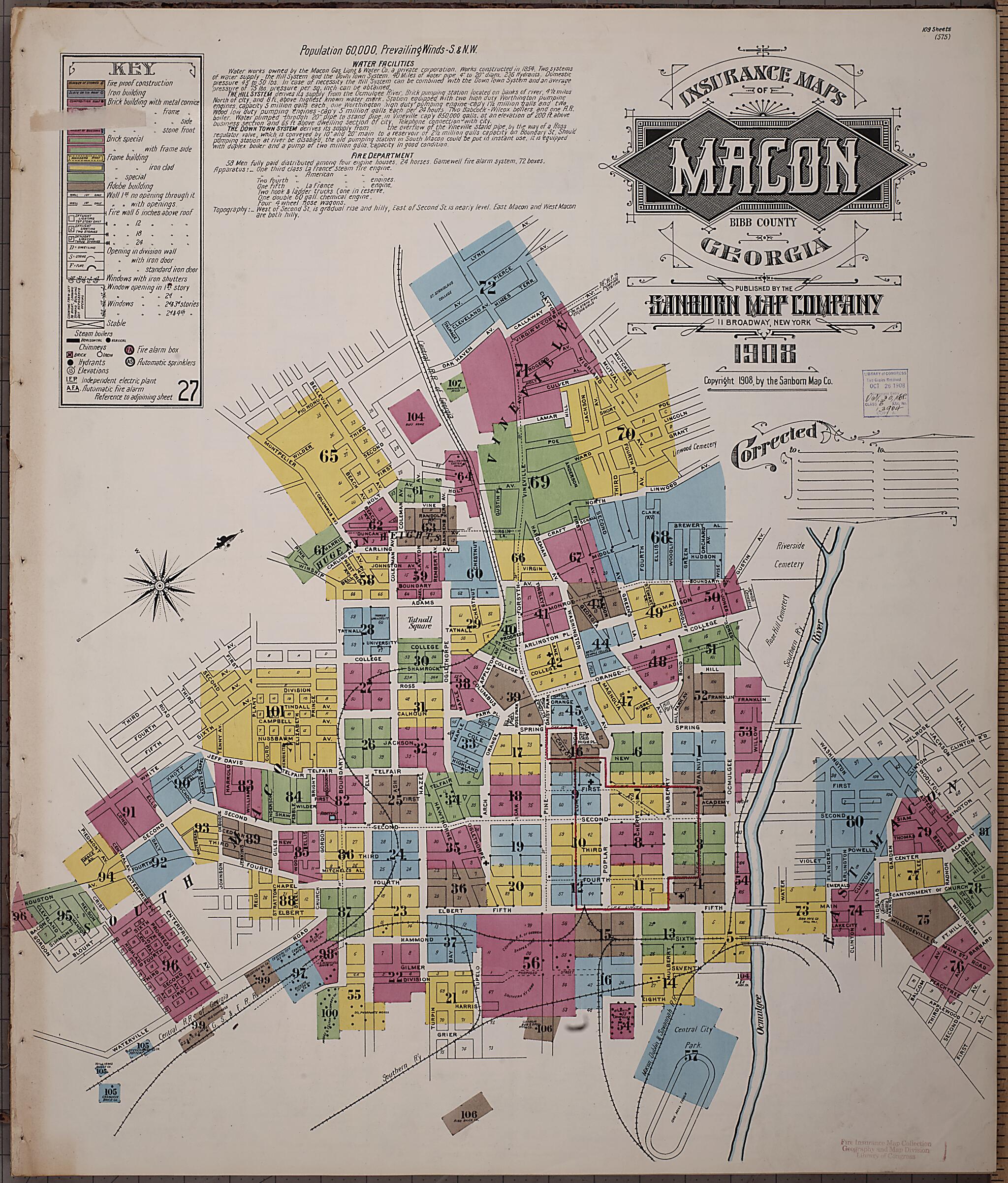 This old map of Macon, Jones County, Georgia was created by Sanborn Map Company in 1908