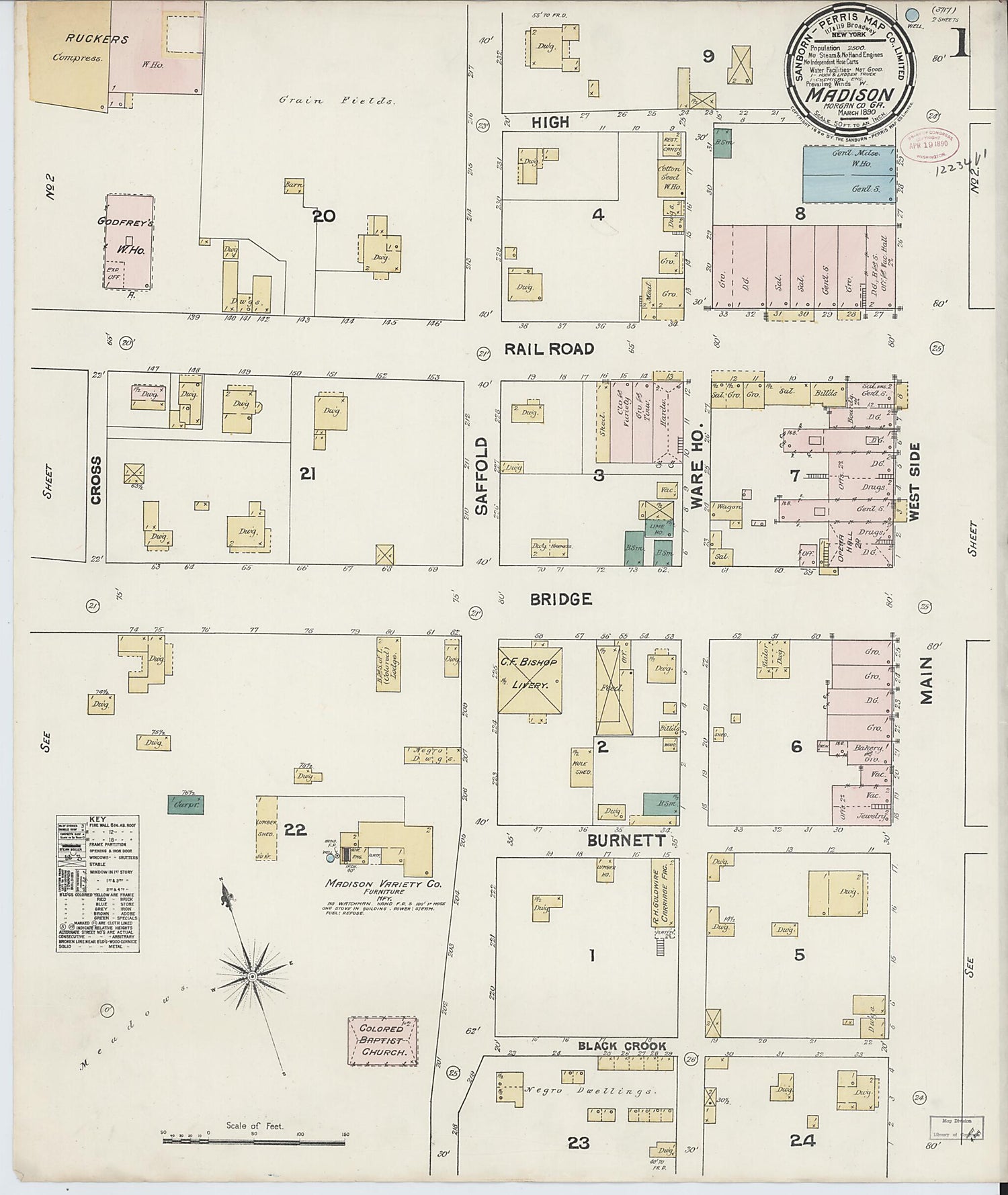 This old map of Madison, Morgan County, Georgia was created by Sanborn Map Company in 1890