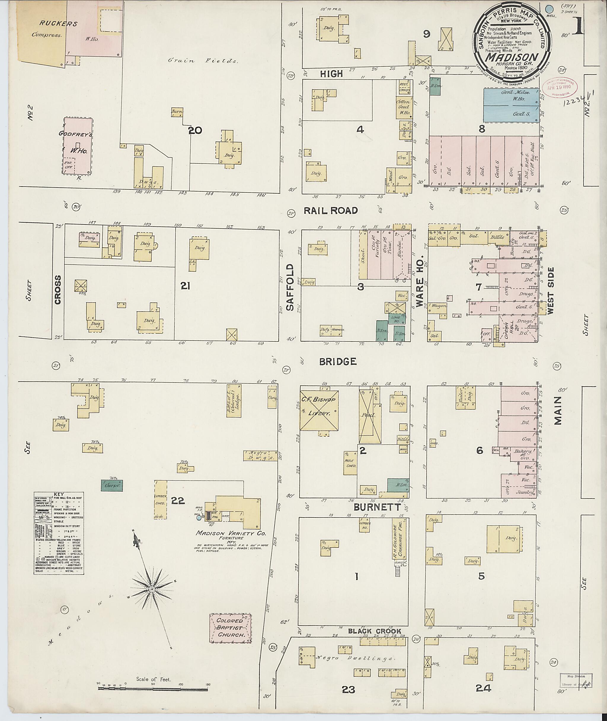 This old map of Madison, Morgan County, Georgia was created by Sanborn Map Company in 1890