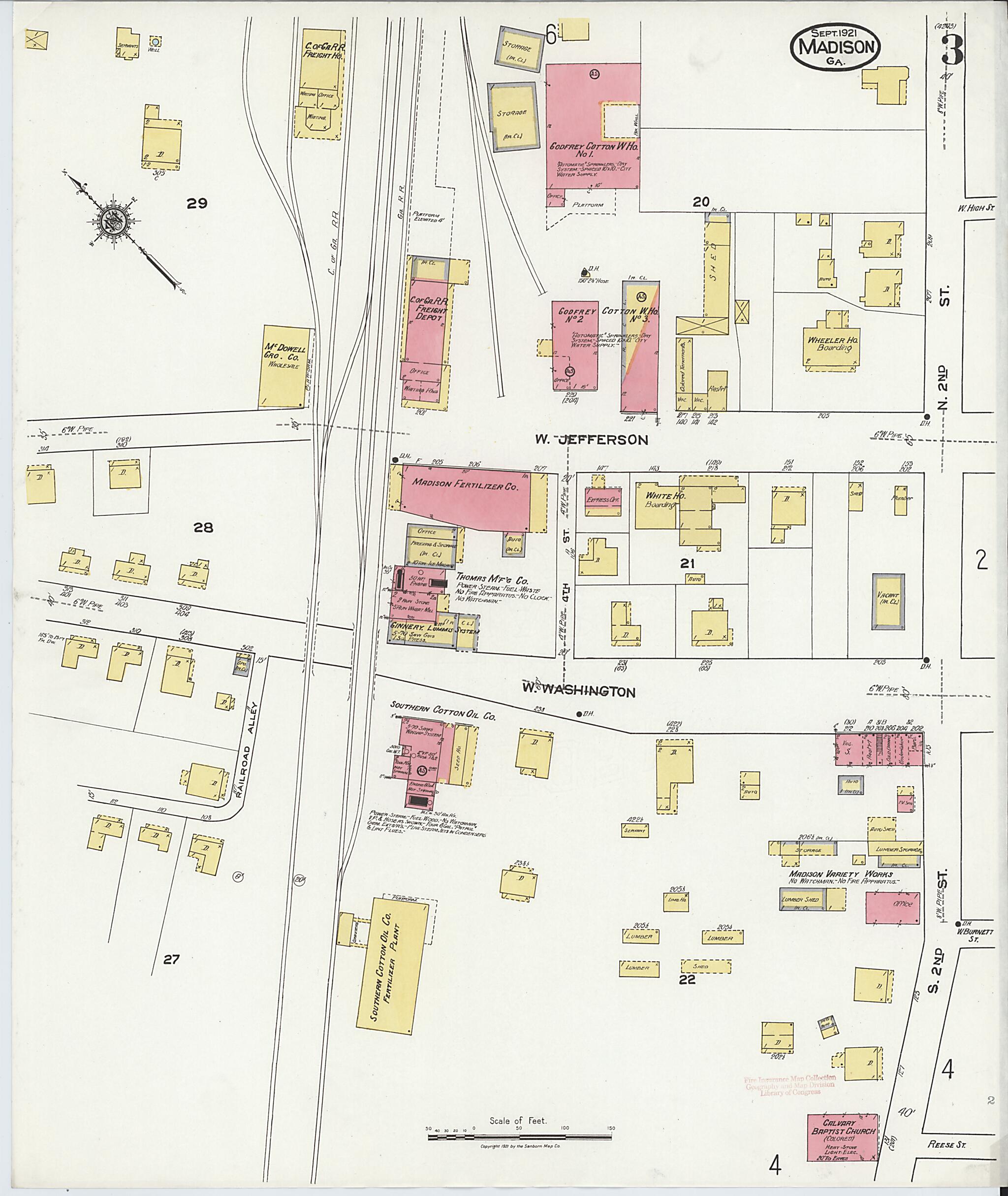 This old map of Madison, Morgan County, Georgia was created by Sanborn Map Company in 1921