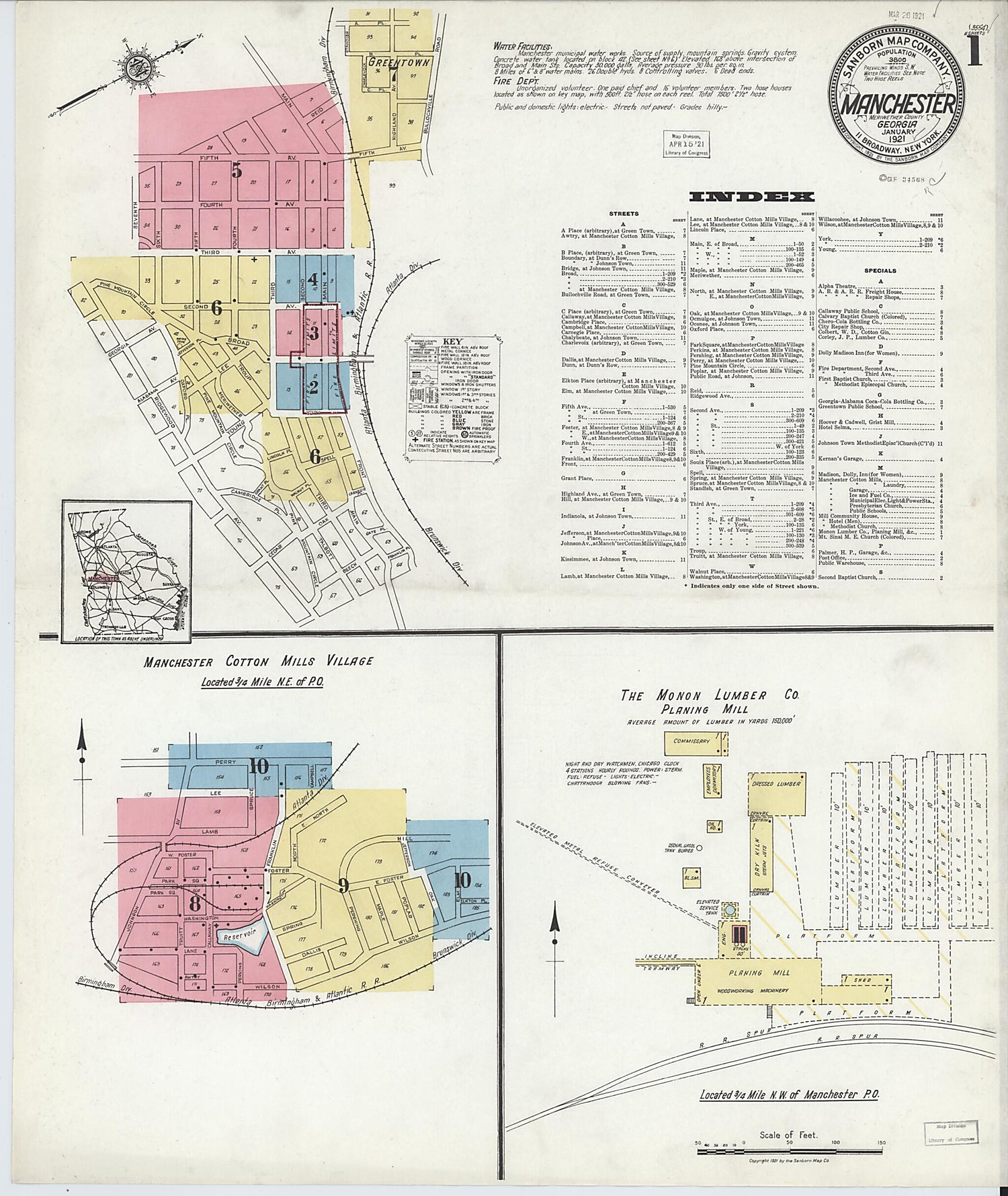 This old map of Manchester, Meriweather County, Georgia was created by Sanborn Map Company in 1921