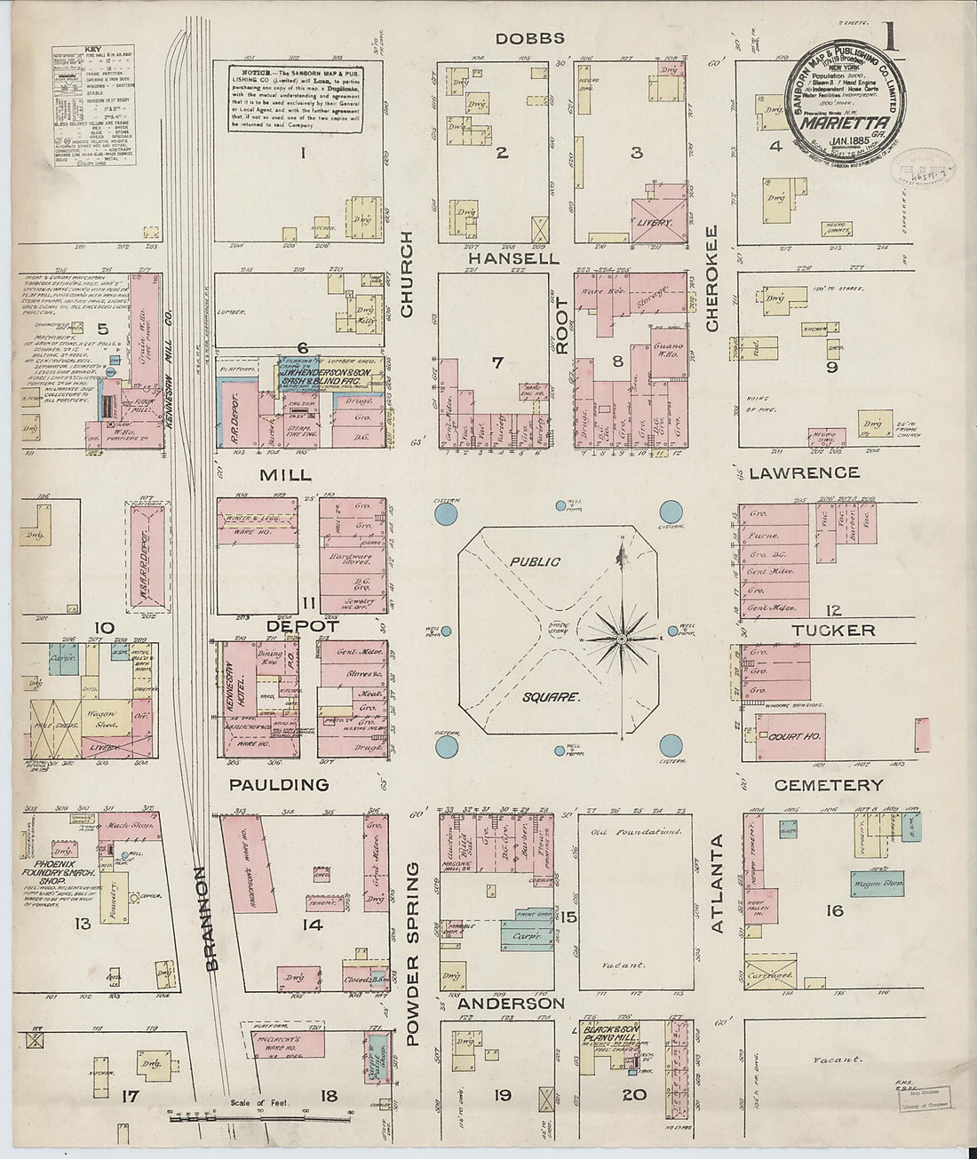 This old map of Marietta, Cobb County, Georgia was created by Sanborn Map Company in 1885