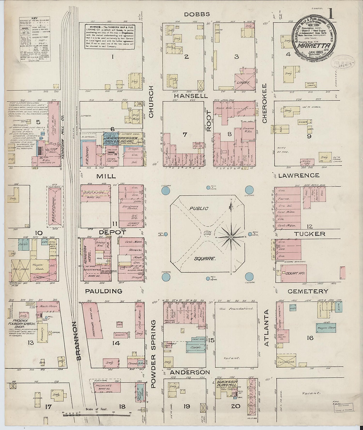 This old map of Marietta, Cobb County, Georgia was created by Sanborn Map Company in 1885