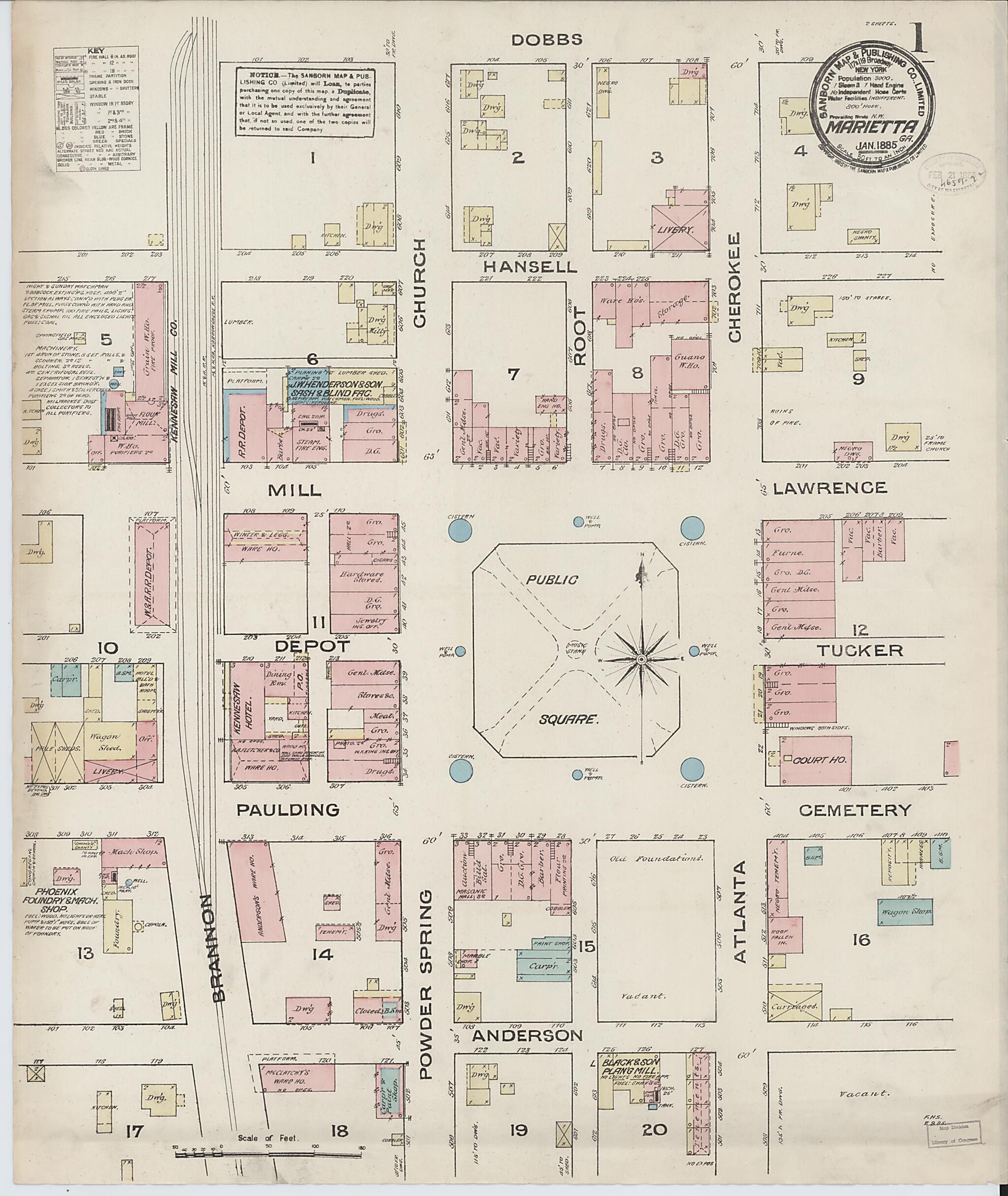 This old map of Marietta, Cobb County, Georgia was created by Sanborn Map Company in 1885