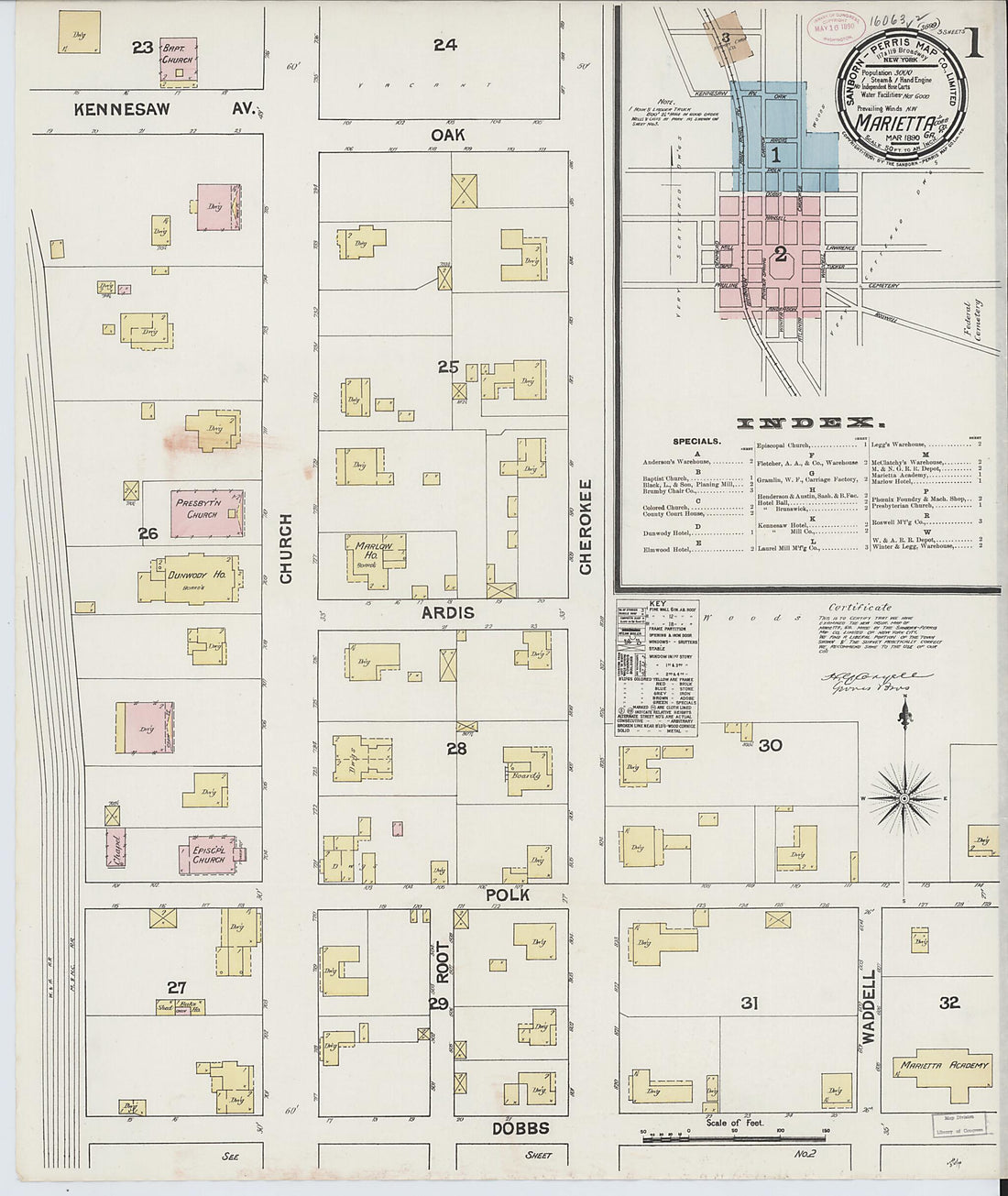 This old map of Marietta, Cobb County, Georgia was created by Sanborn Map Company in 1890