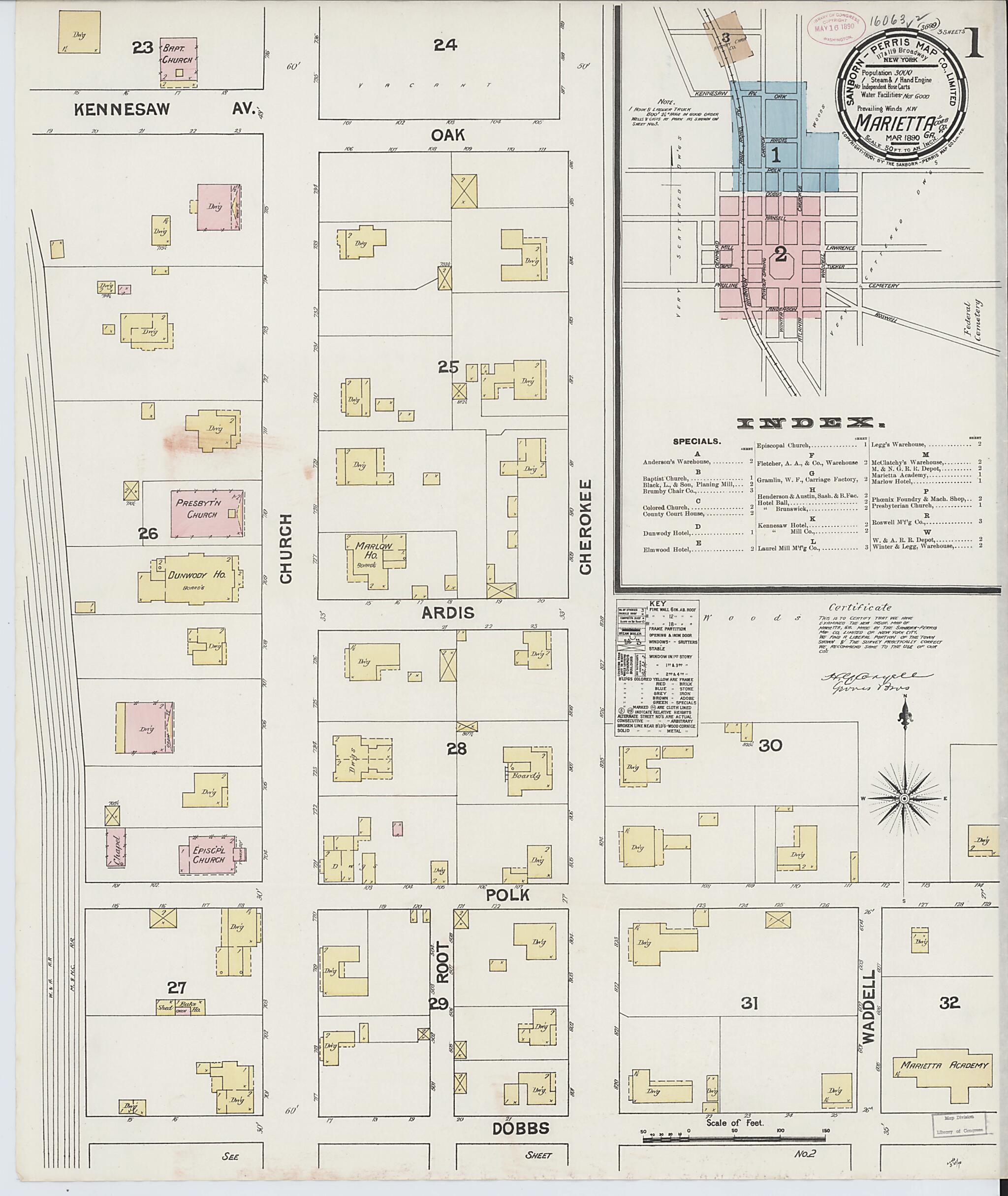 This old map of Marietta, Cobb County, Georgia was created by Sanborn Map Company in 1890