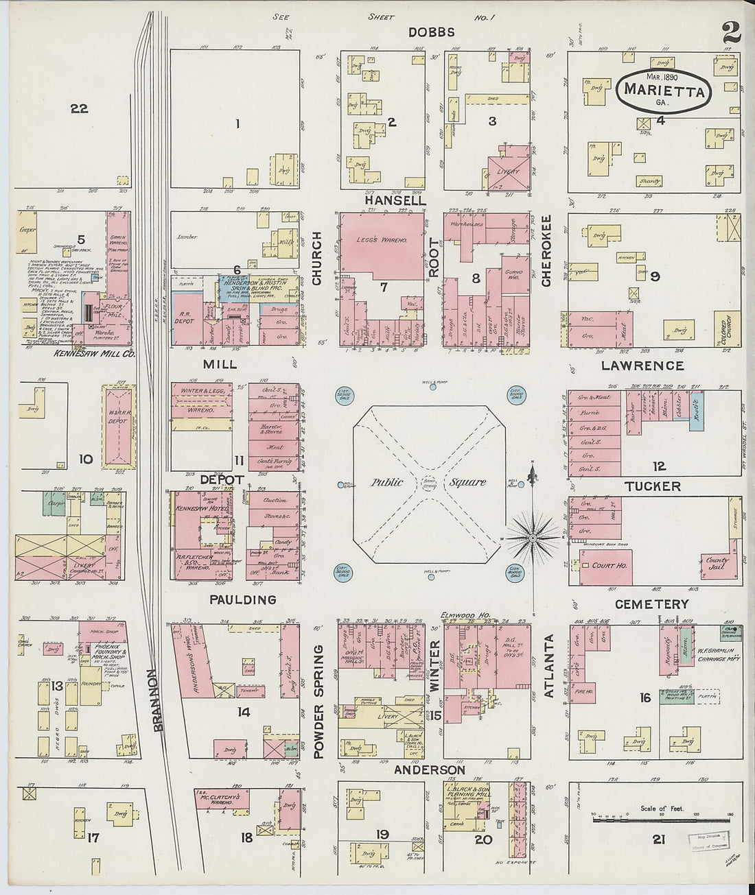 This old map of Marietta, Cobb County, Georgia was created by Sanborn Map Company in 1890
