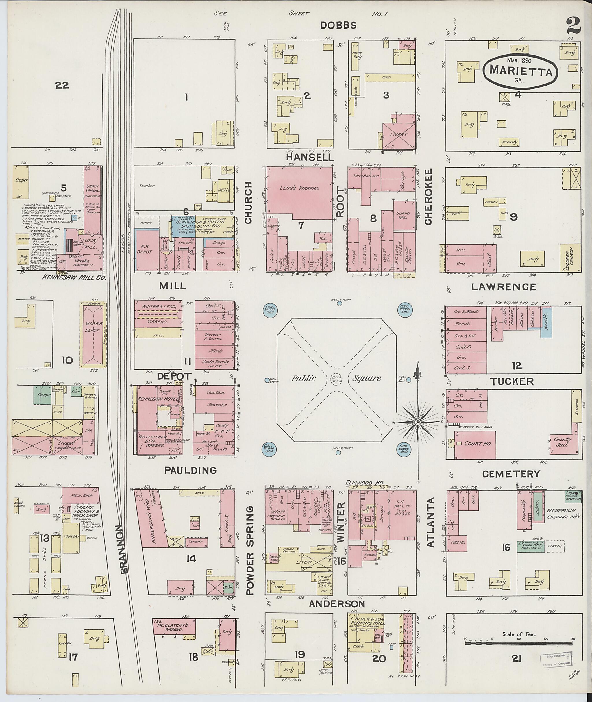 This old map of Marietta, Cobb County, Georgia was created by Sanborn Map Company in 1890