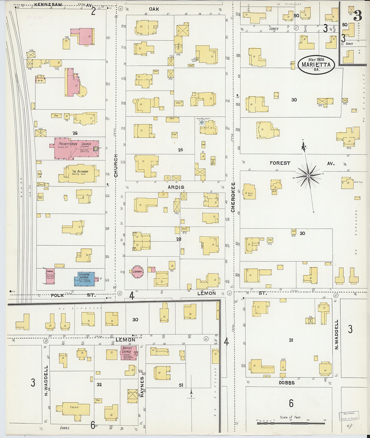 This old map of Marietta, Cobb County, Georgia was created by Sanborn Map Company in 1905