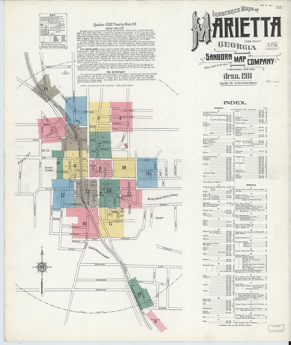 This old map of Marietta, Cobb County, Georgia was created by Sanborn Map Company in 1911
