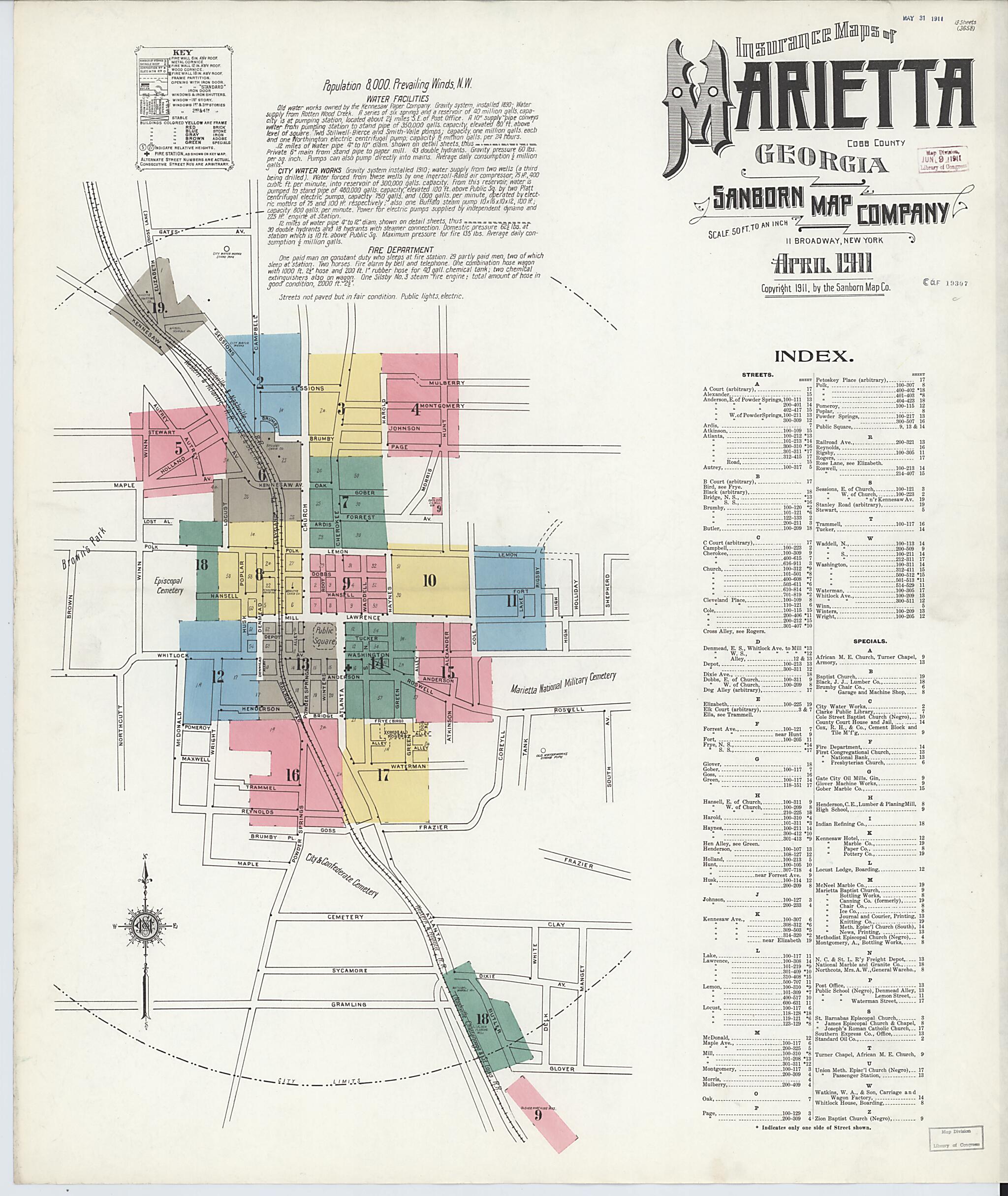 This old map of Marietta, Cobb County, Georgia was created by Sanborn Map Company in 1911
