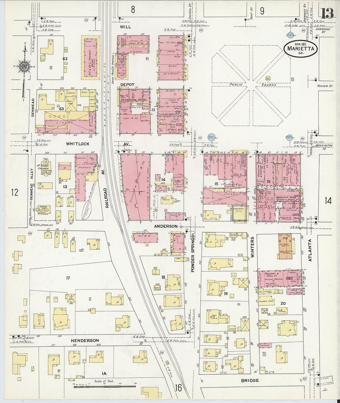 This old map of Marietta, Cobb County, Georgia was created by Sanborn Map Company in 1911