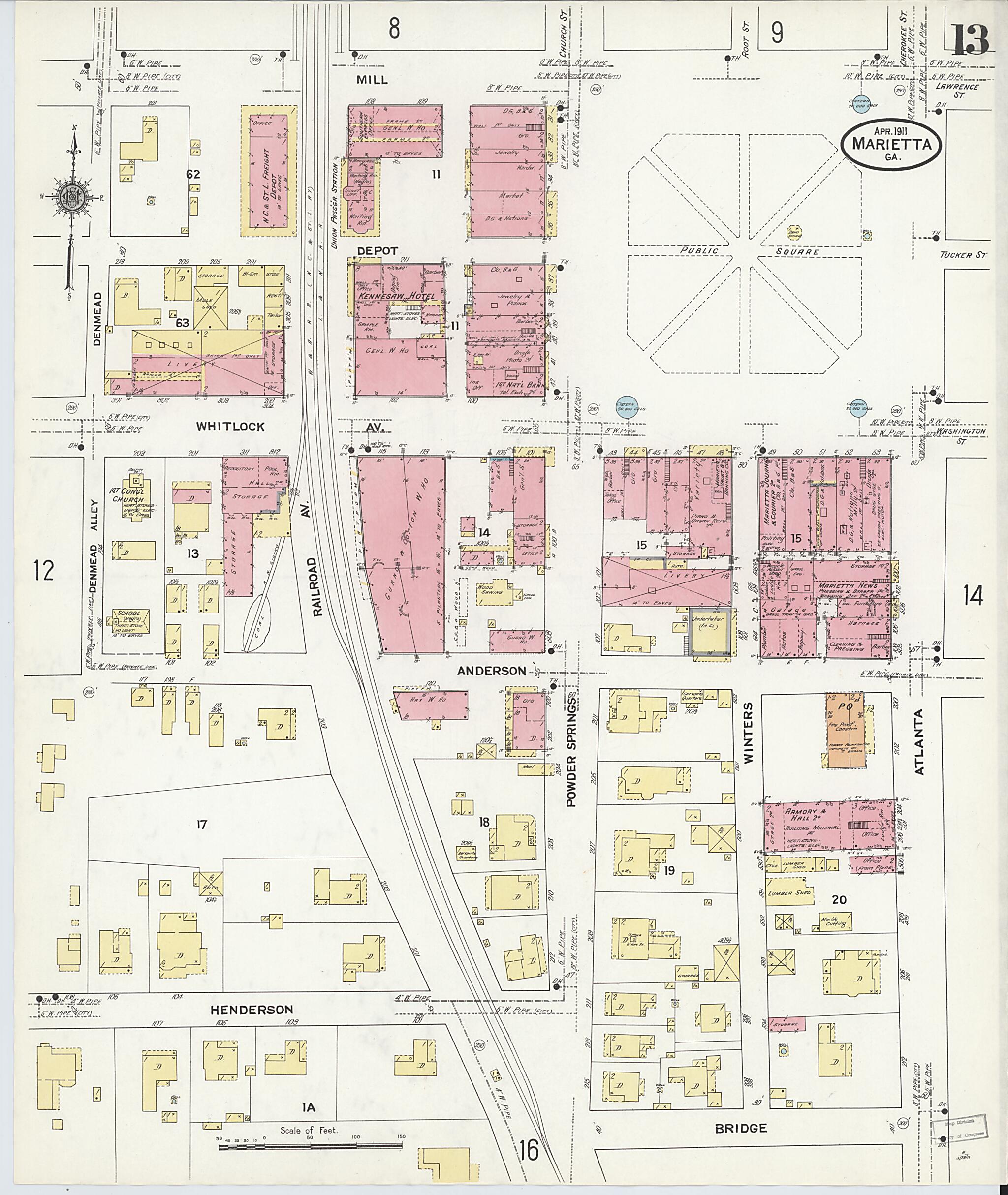 This old map of Marietta, Cobb County, Georgia was created by Sanborn Map Company in 1911