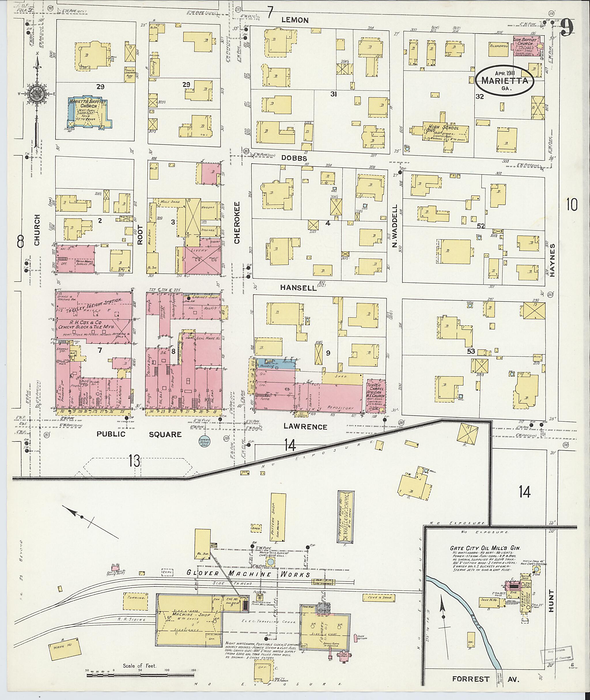This old map of Marietta, Cobb County, Georgia was created by Sanborn Map Company in 1911