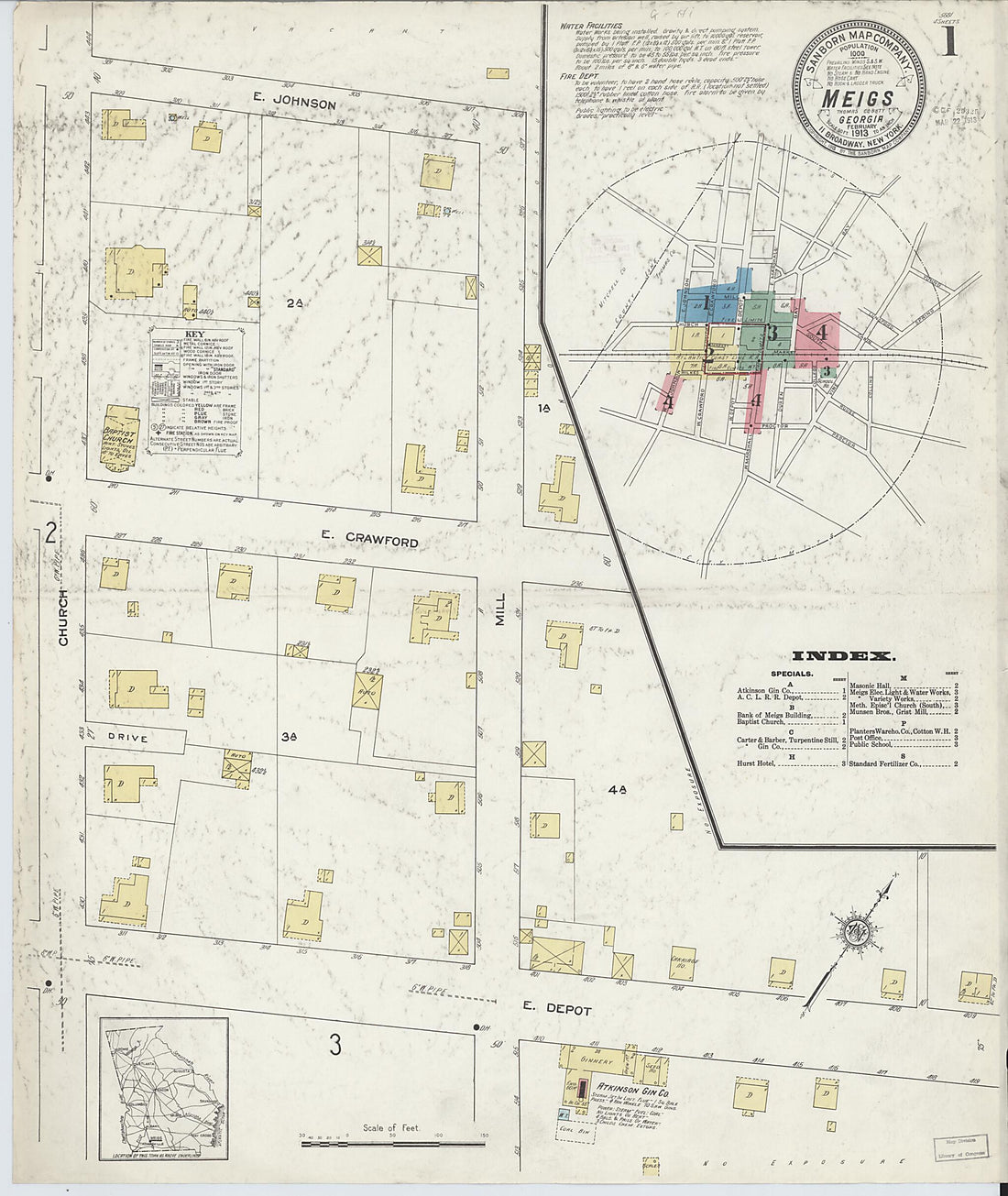 This old map of Meigs, Thomas County, Georgia was created by Sanborn Map Company in 1913