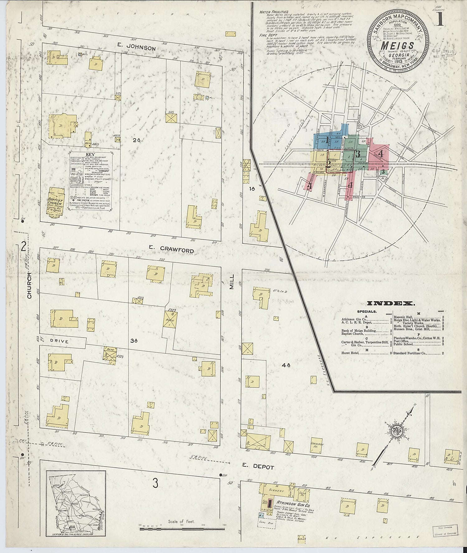 This old map of Meigs, Thomas County, Georgia was created by Sanborn Map Company in 1913