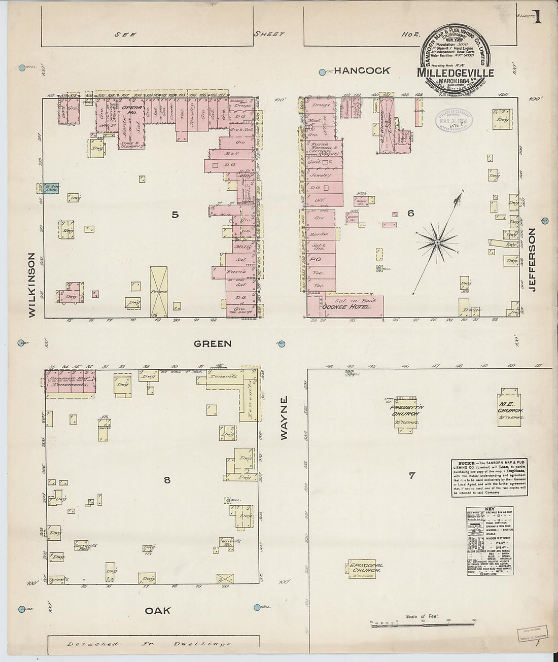 This old map of Milledgeville, Baldwin County, Georgia was created by Sanborn Map Company in 1884