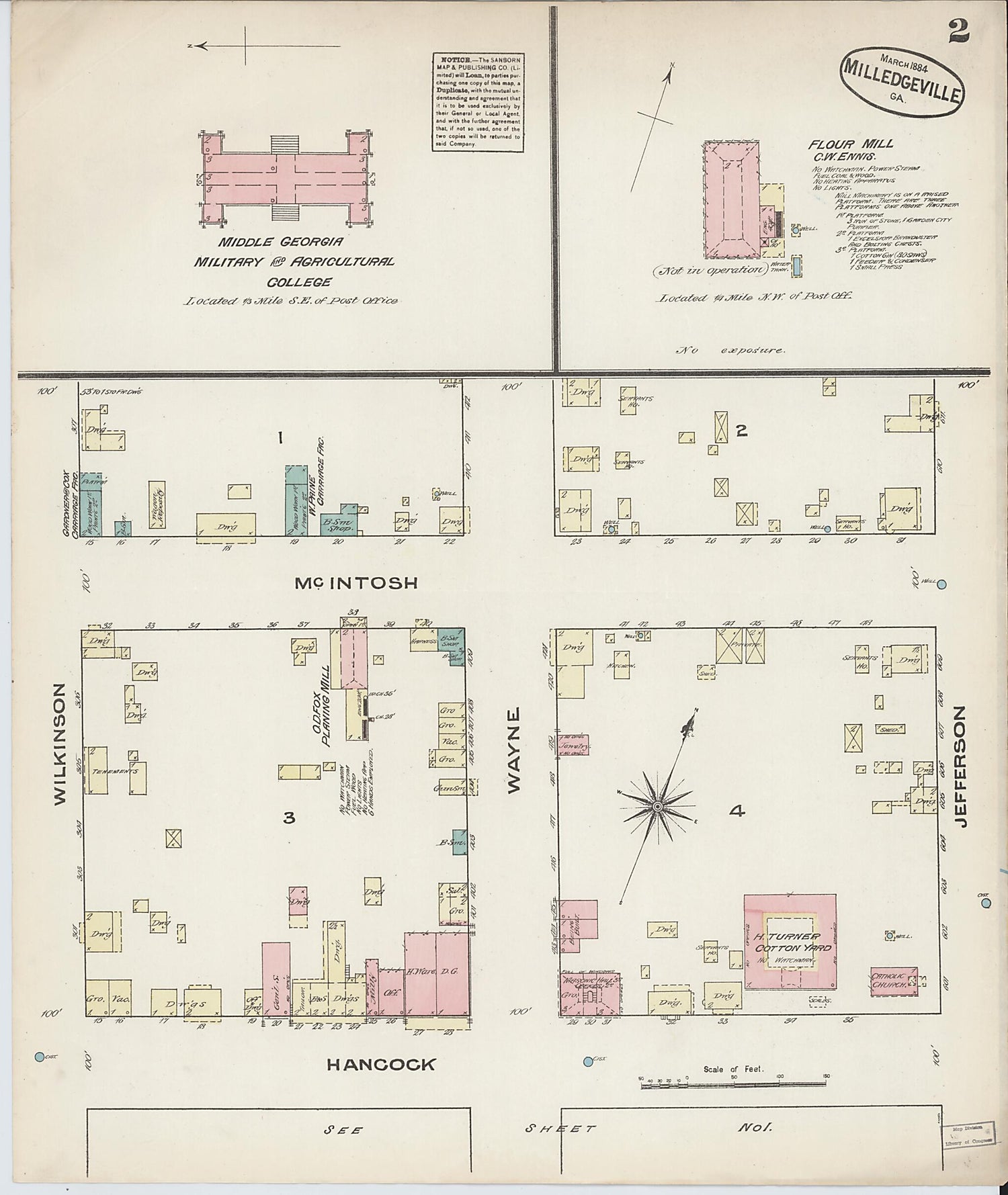 This old map of Milledgeville, Baldwin County, Georgia was created by Sanborn Map Company in 1884