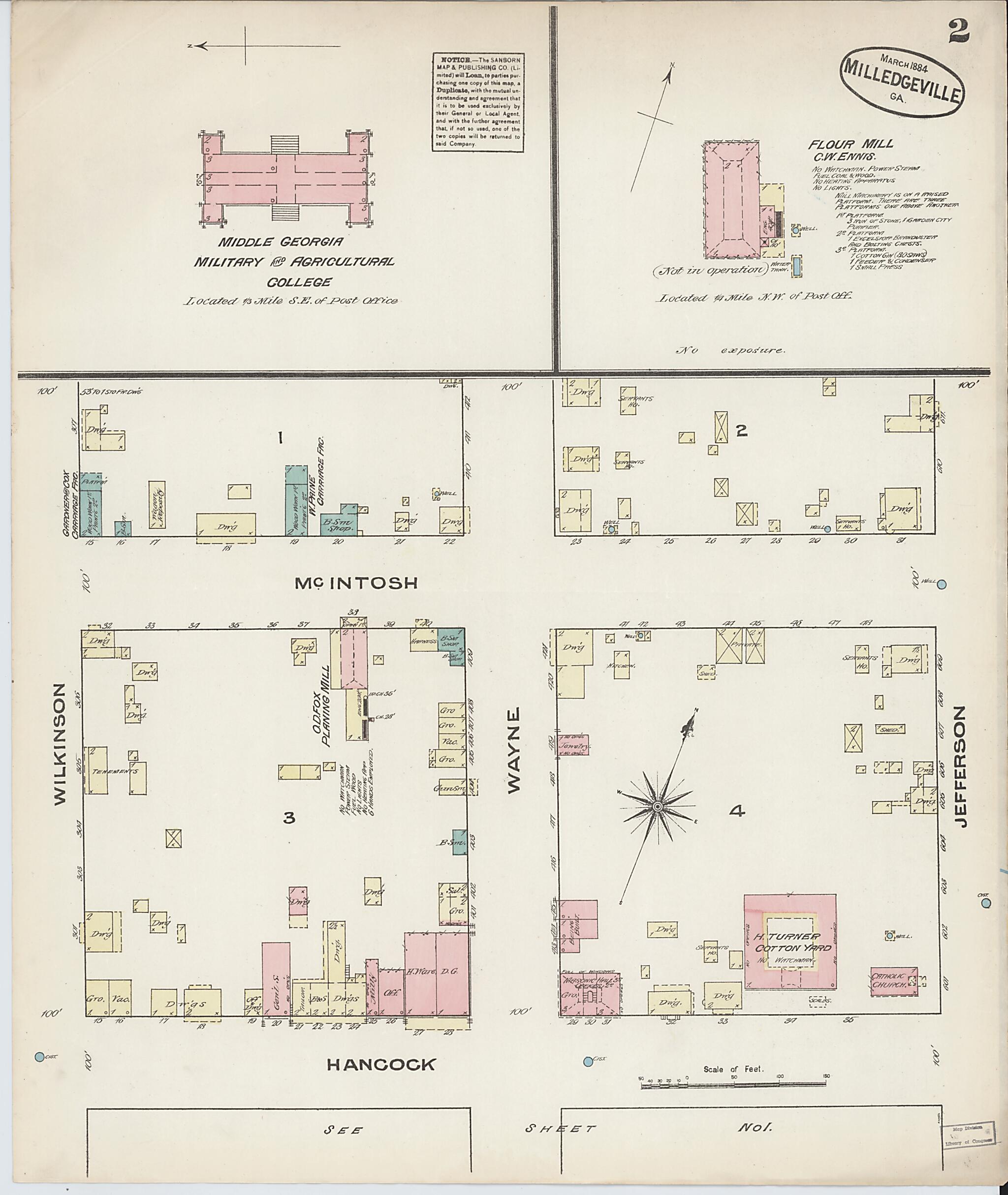 This old map of Milledgeville, Baldwin County, Georgia was created by Sanborn Map Company in 1884