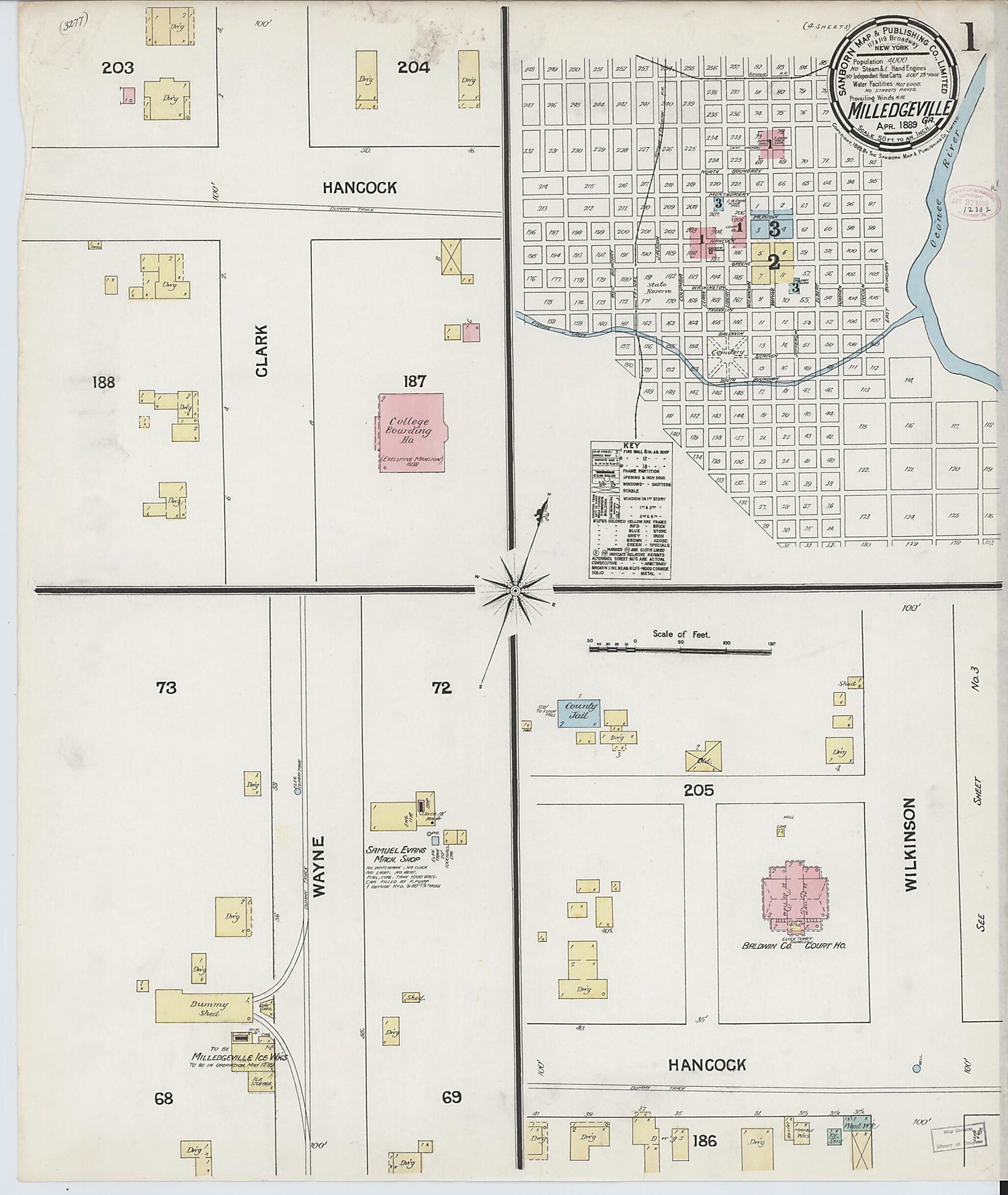 This old map of Milledgeville, Baldwin County, Georgia was created by Sanborn Map Company in 1889