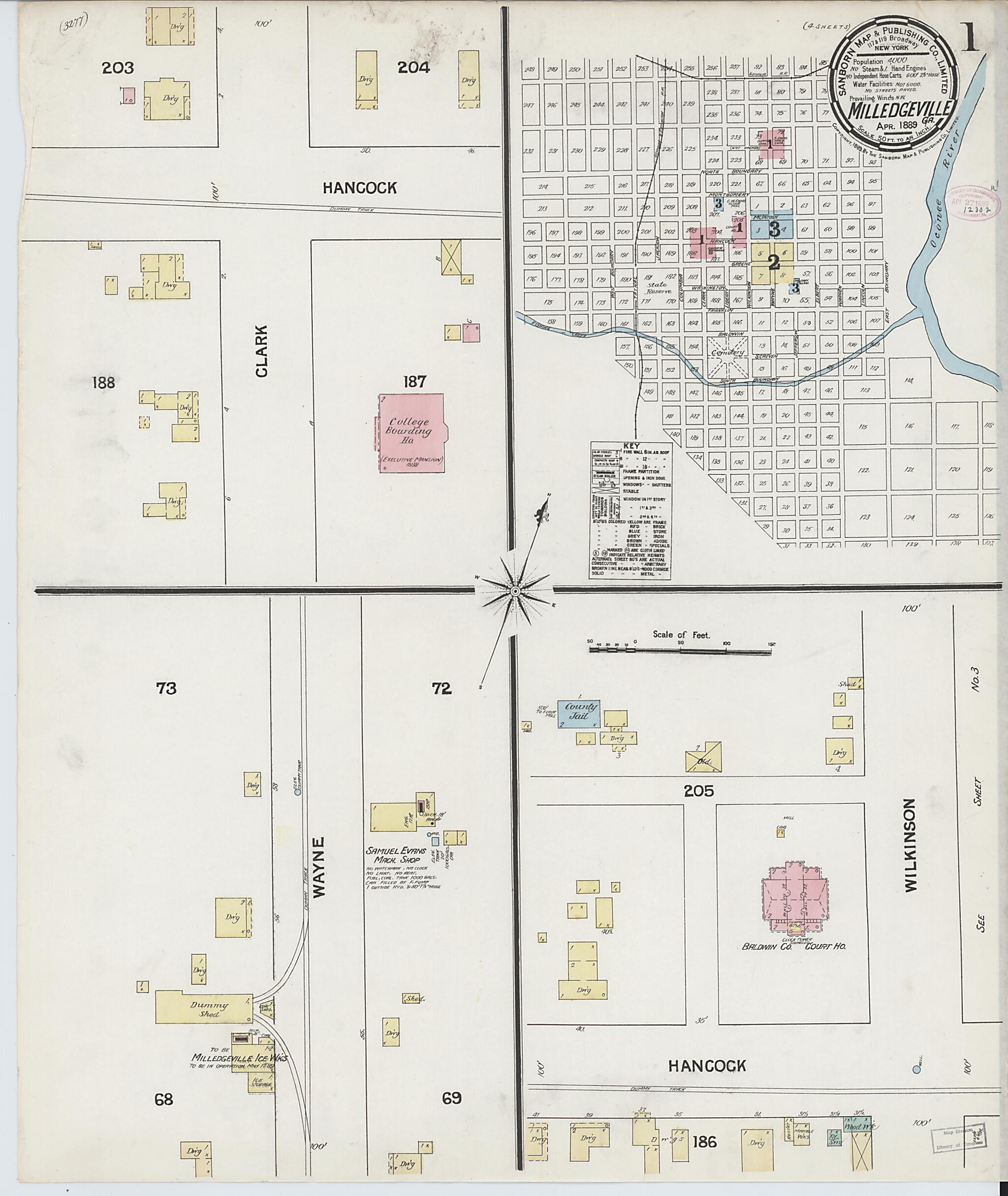 This old map of Milledgeville, Baldwin County, Georgia was created by Sanborn Map Company in 1889