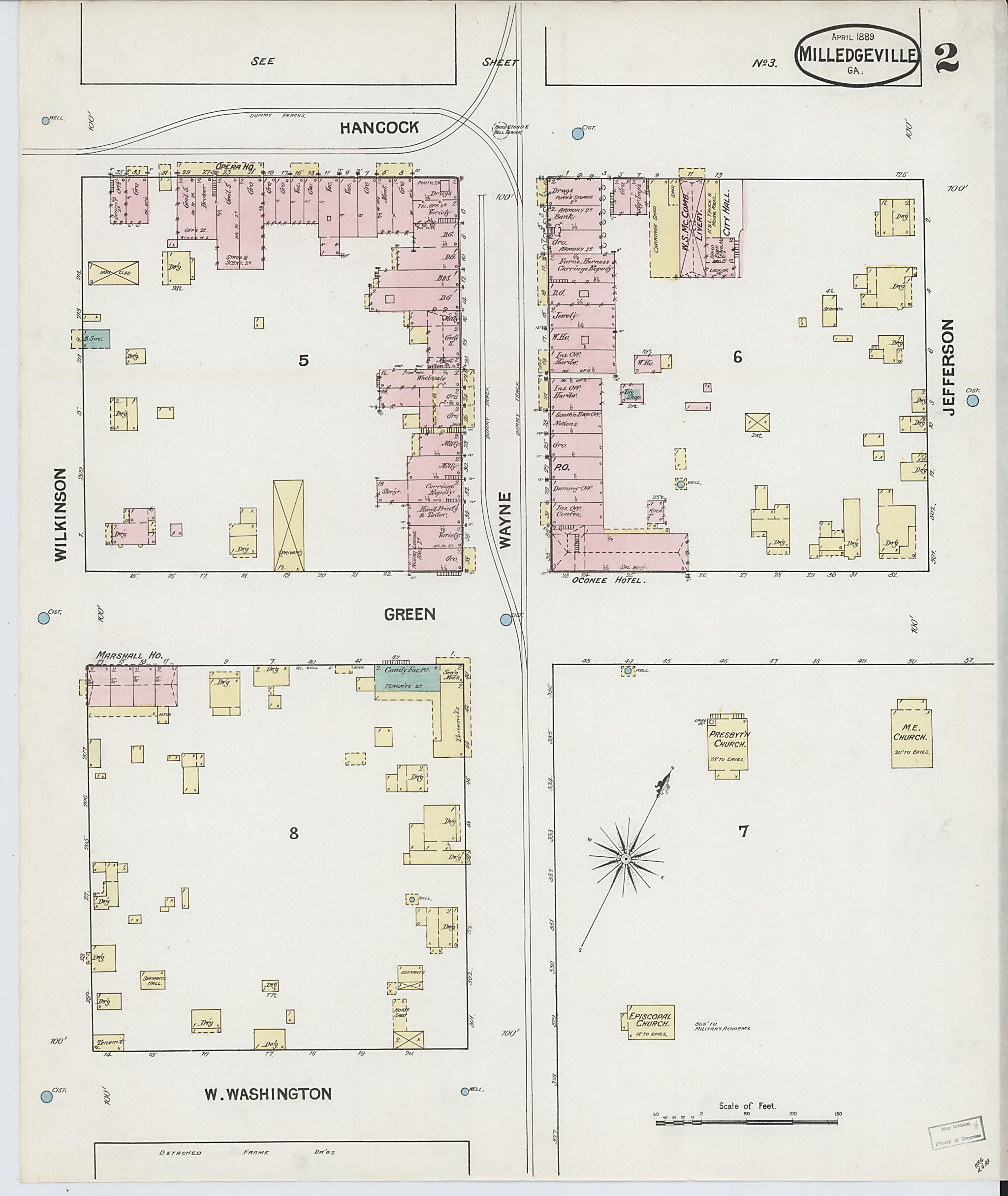 This old map of Milledgeville, Baldwin County, Georgia was created by Sanborn Map Company in 1889