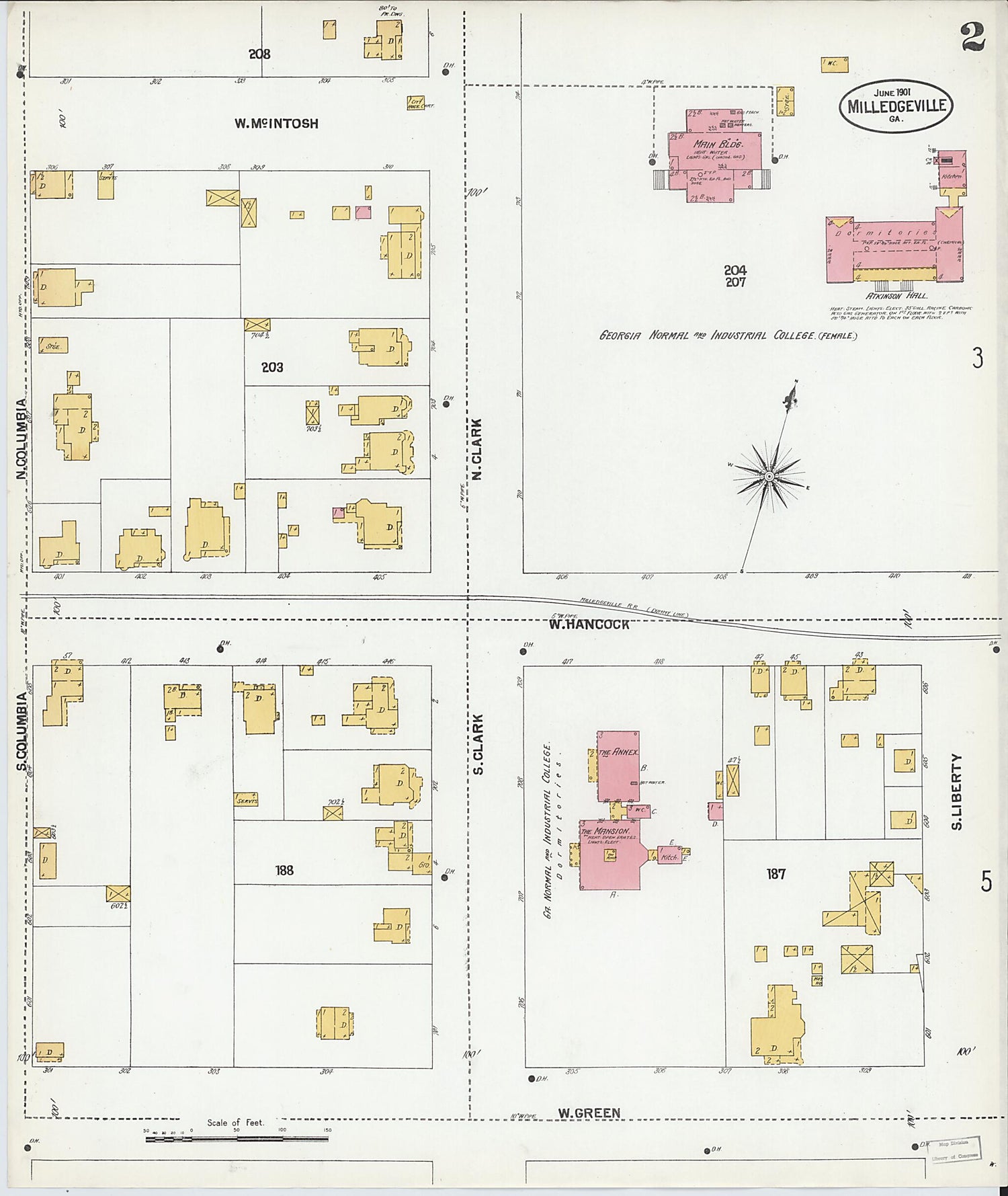 This old map of Milledgeville, Baldwin County, Georgia was created by Sanborn Map Company in 1901