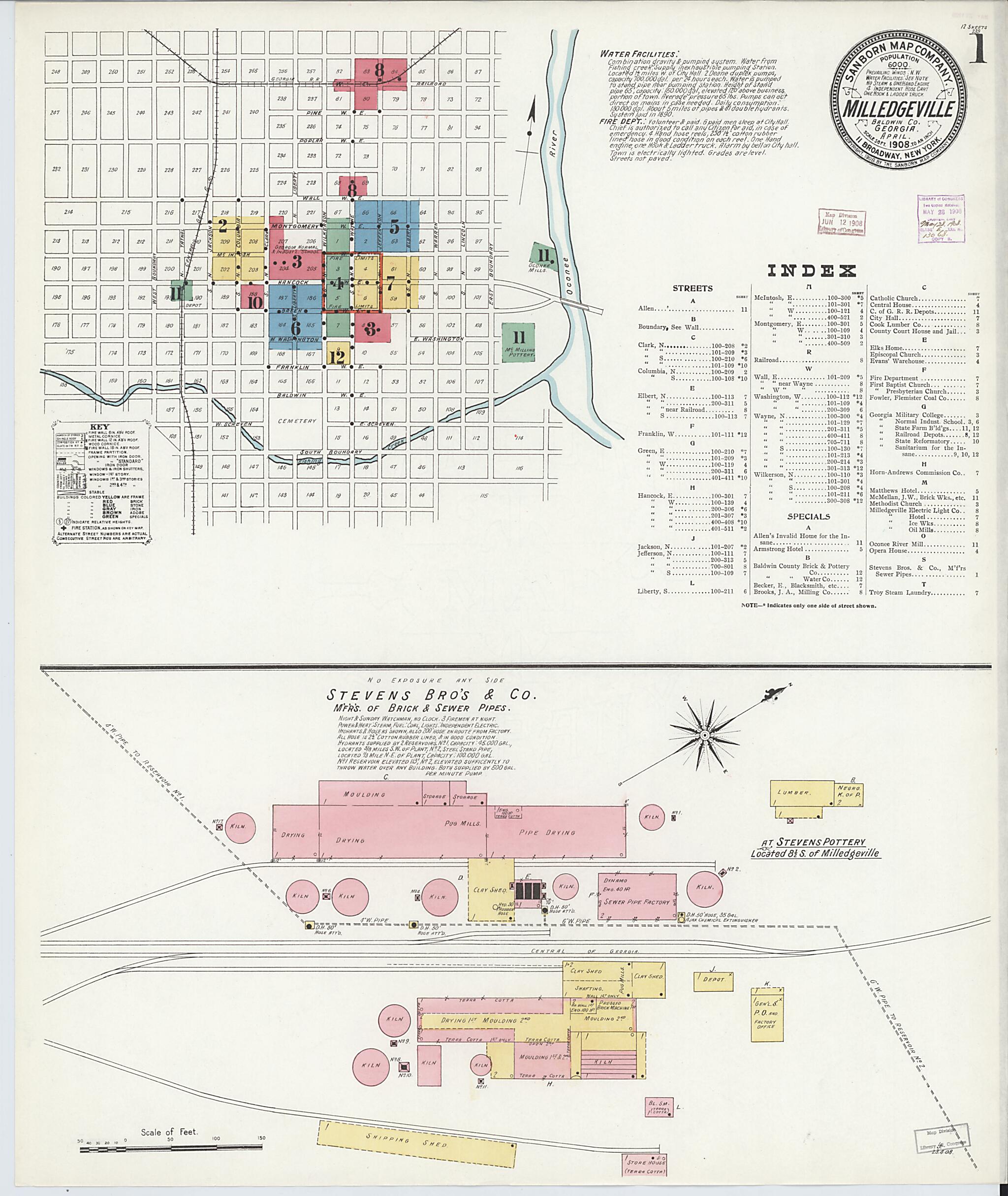 This old map of Milledgeville, Baldwin County, Georgia was created by Sanborn Map Company in 1908