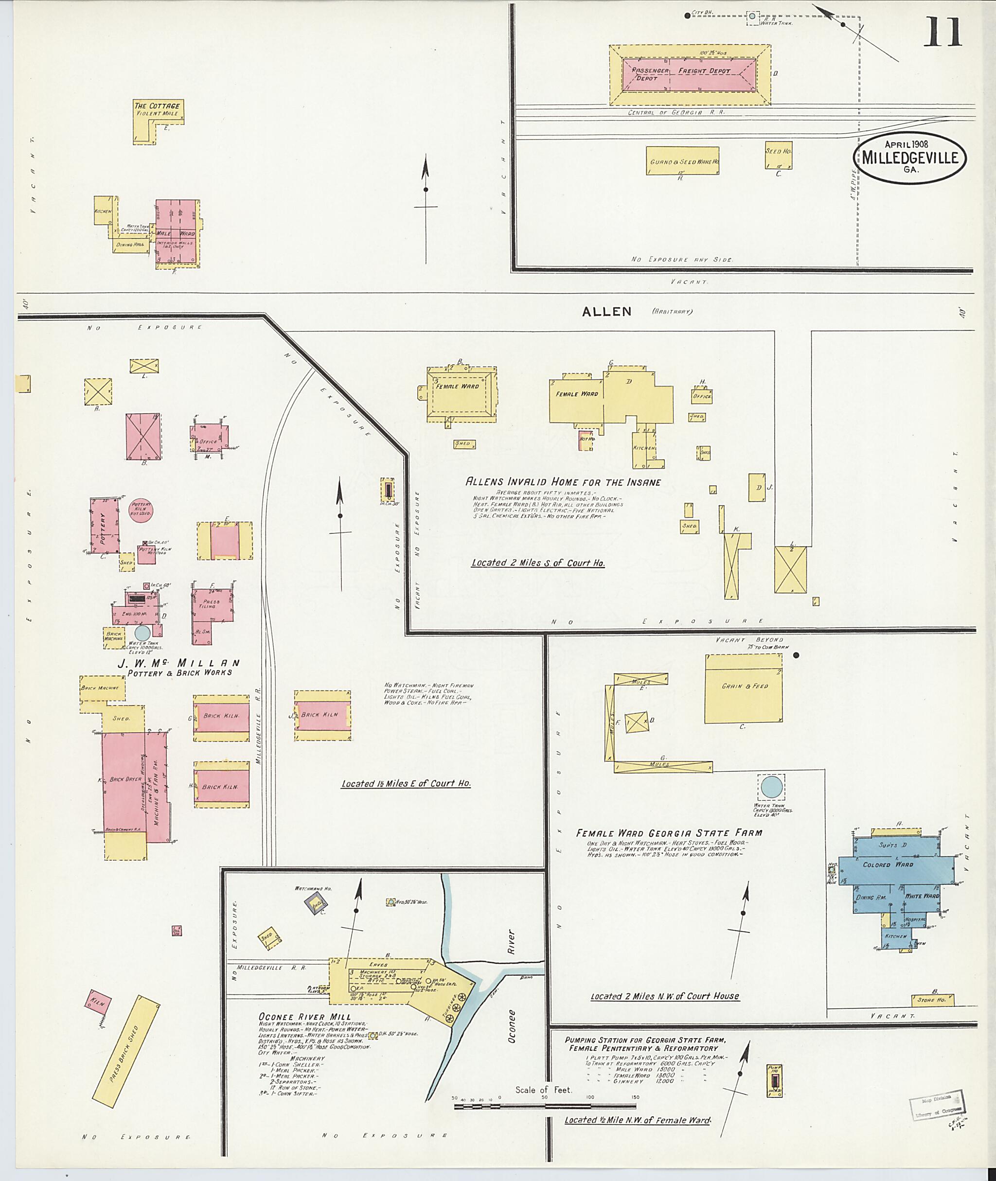 This old map of Milledgeville, Baldwin County, Georgia was created by Sanborn Map Company in 1908
