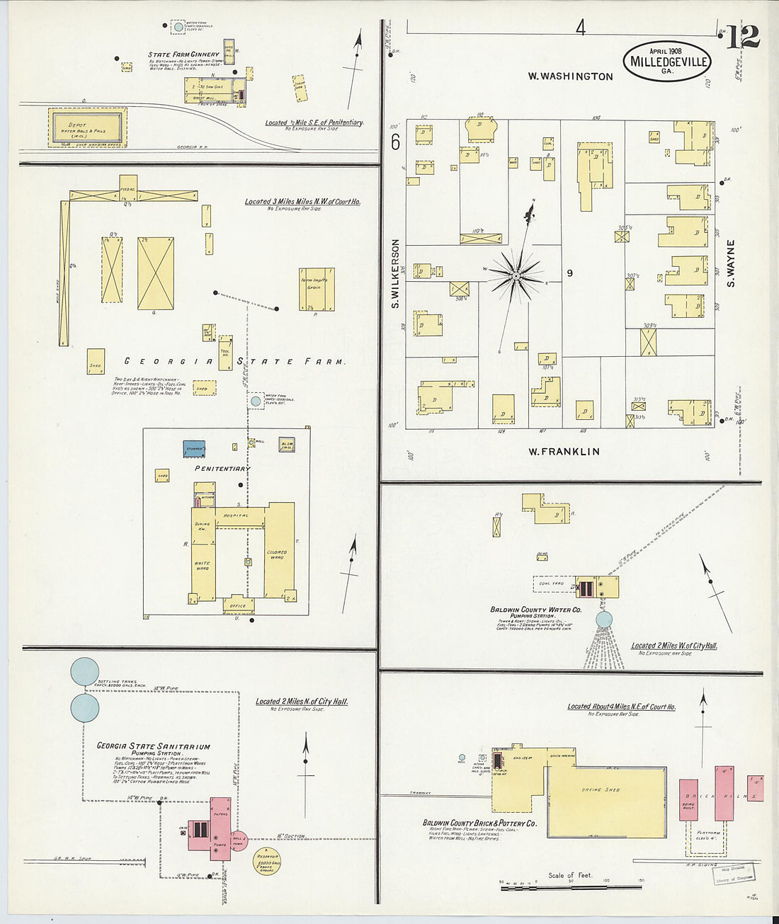 This old map of Milledgeville, Baldwin County, Georgia was created by Sanborn Map Company in 1908