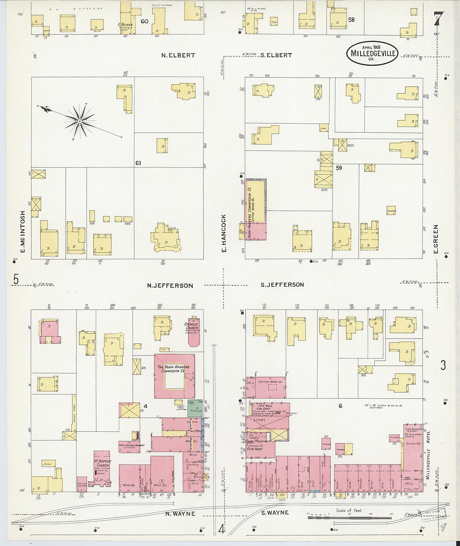 This old map of Milledgeville, Baldwin County, Georgia was created by Sanborn Map Company in 1908
