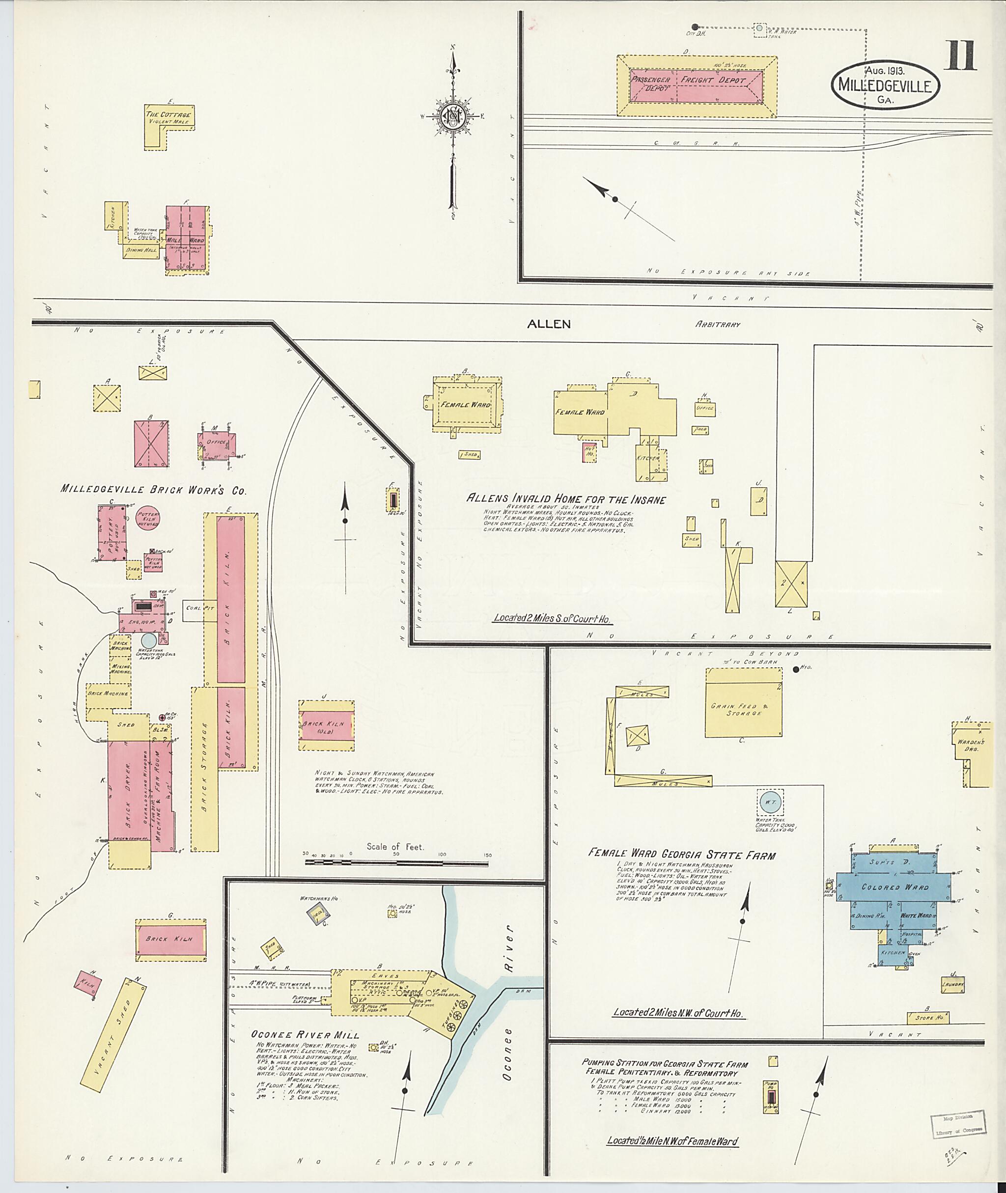 This old map of Milledgeville, Baldwin County, Georgia was created by Sanborn Map Company in 1913