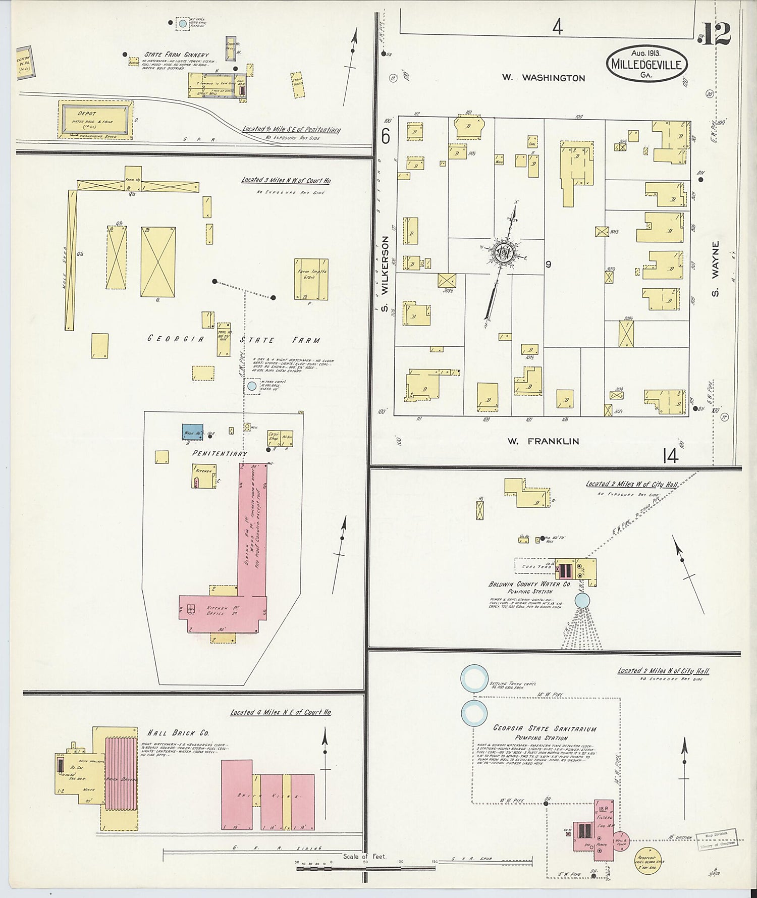 This old map of Milledgeville, Baldwin County, Georgia was created by Sanborn Map Company in 1913