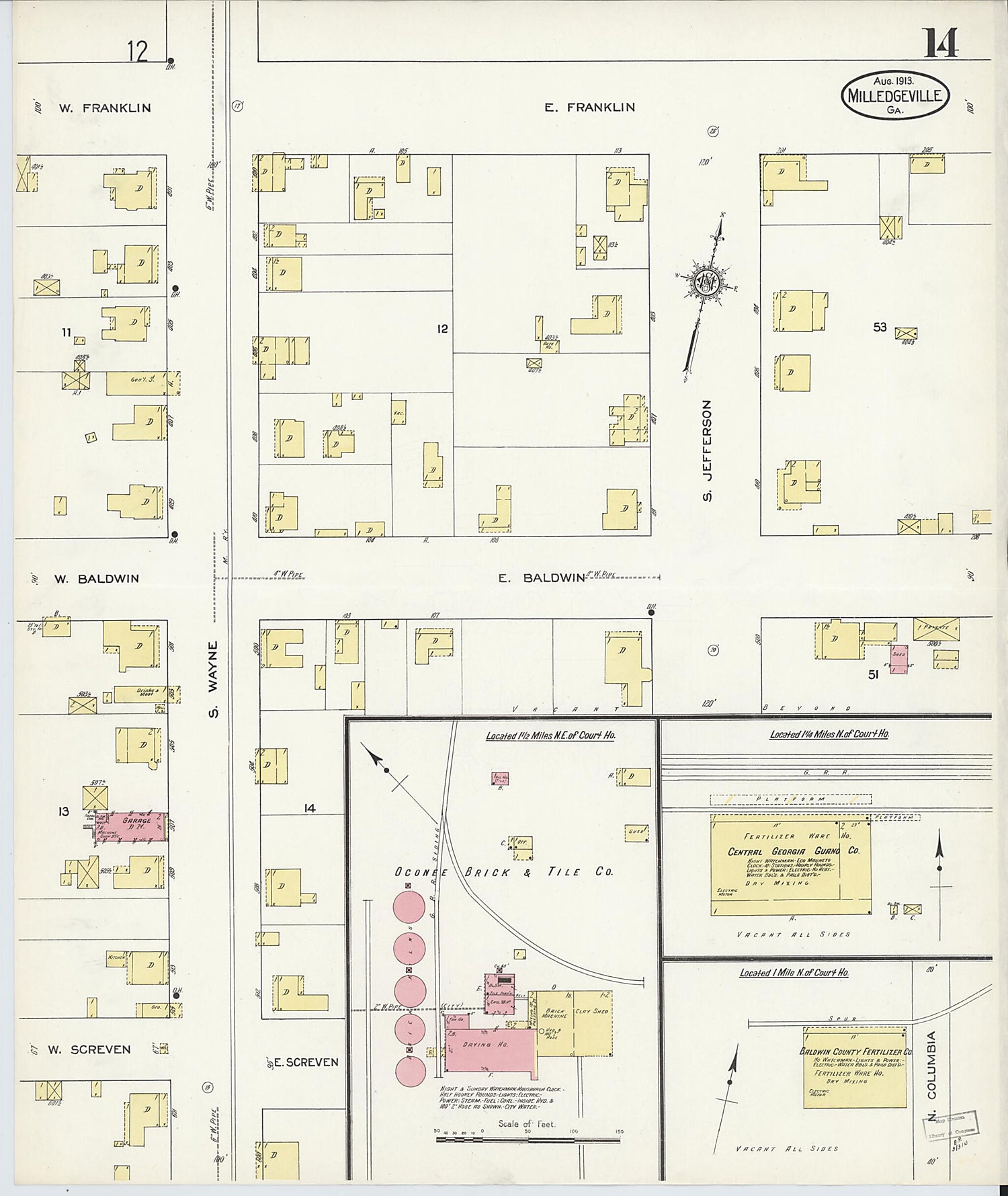 This old map of Milledgeville, Baldwin County, Georgia was created by Sanborn Map Company in 1913