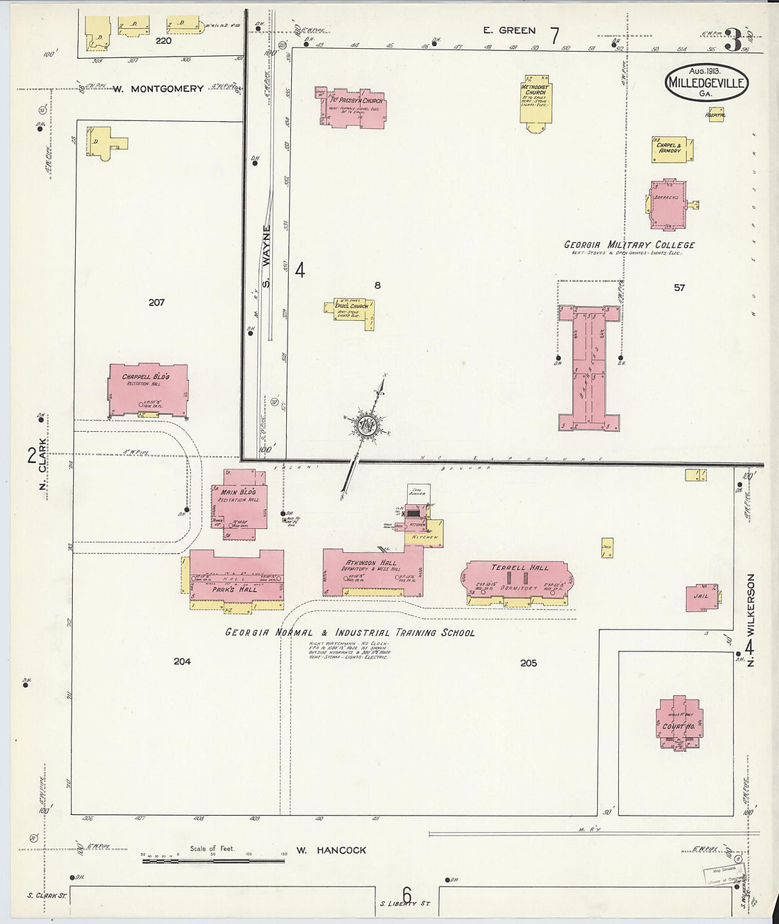 This old map of Milledgeville, Baldwin County, Georgia was created by Sanborn Map Company in 1913