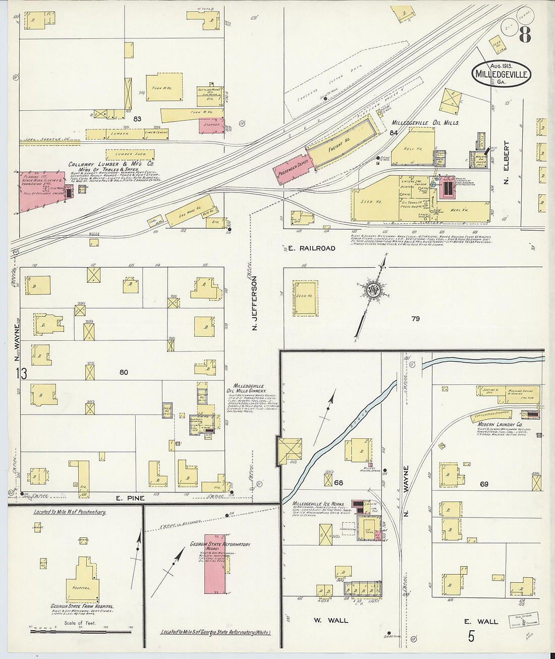 This old map of Milledgeville, Baldwin County, Georgia was created by Sanborn Map Company in 1913