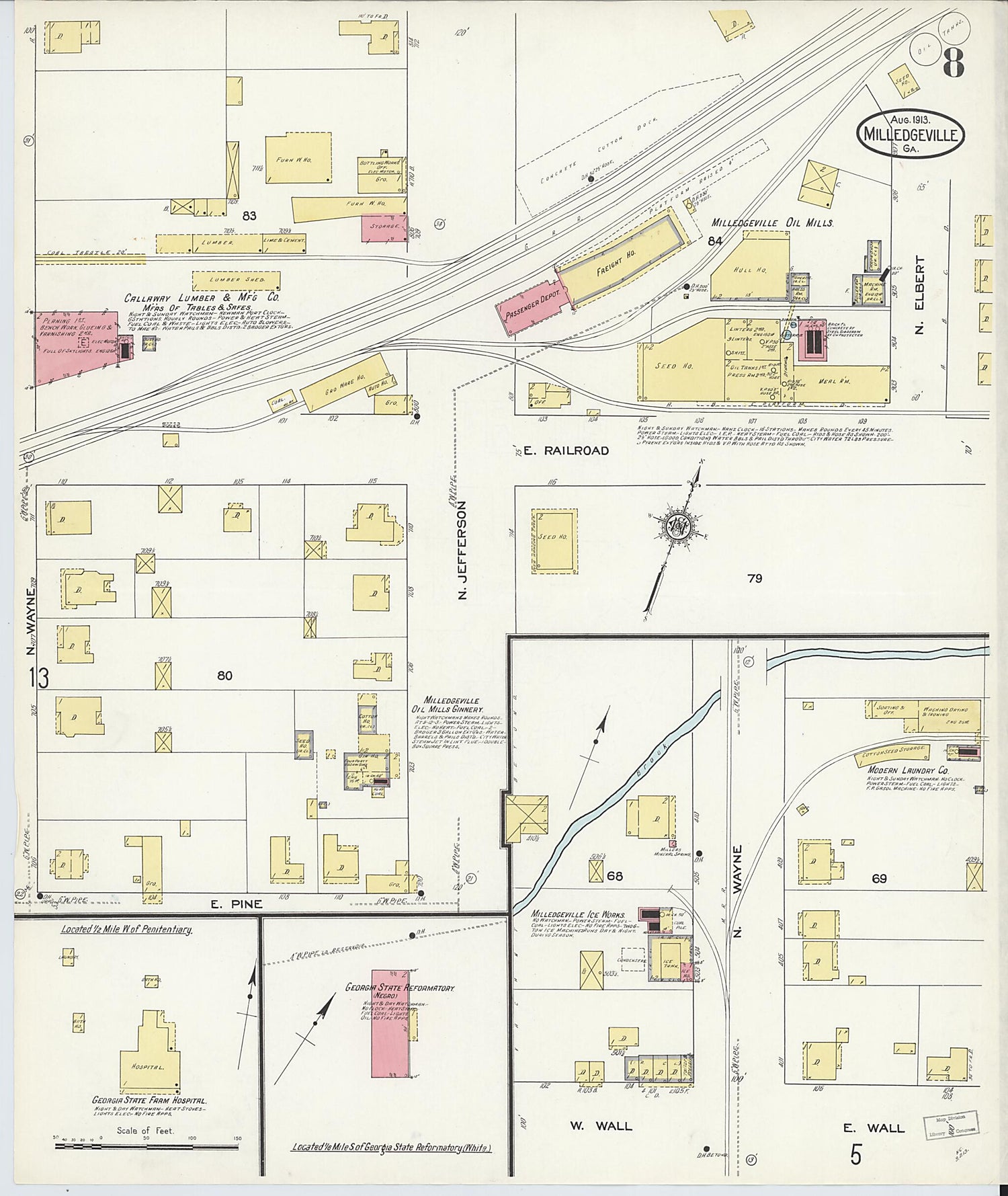 This old map of Milledgeville, Baldwin County, Georgia was created by Sanborn Map Company in 1913